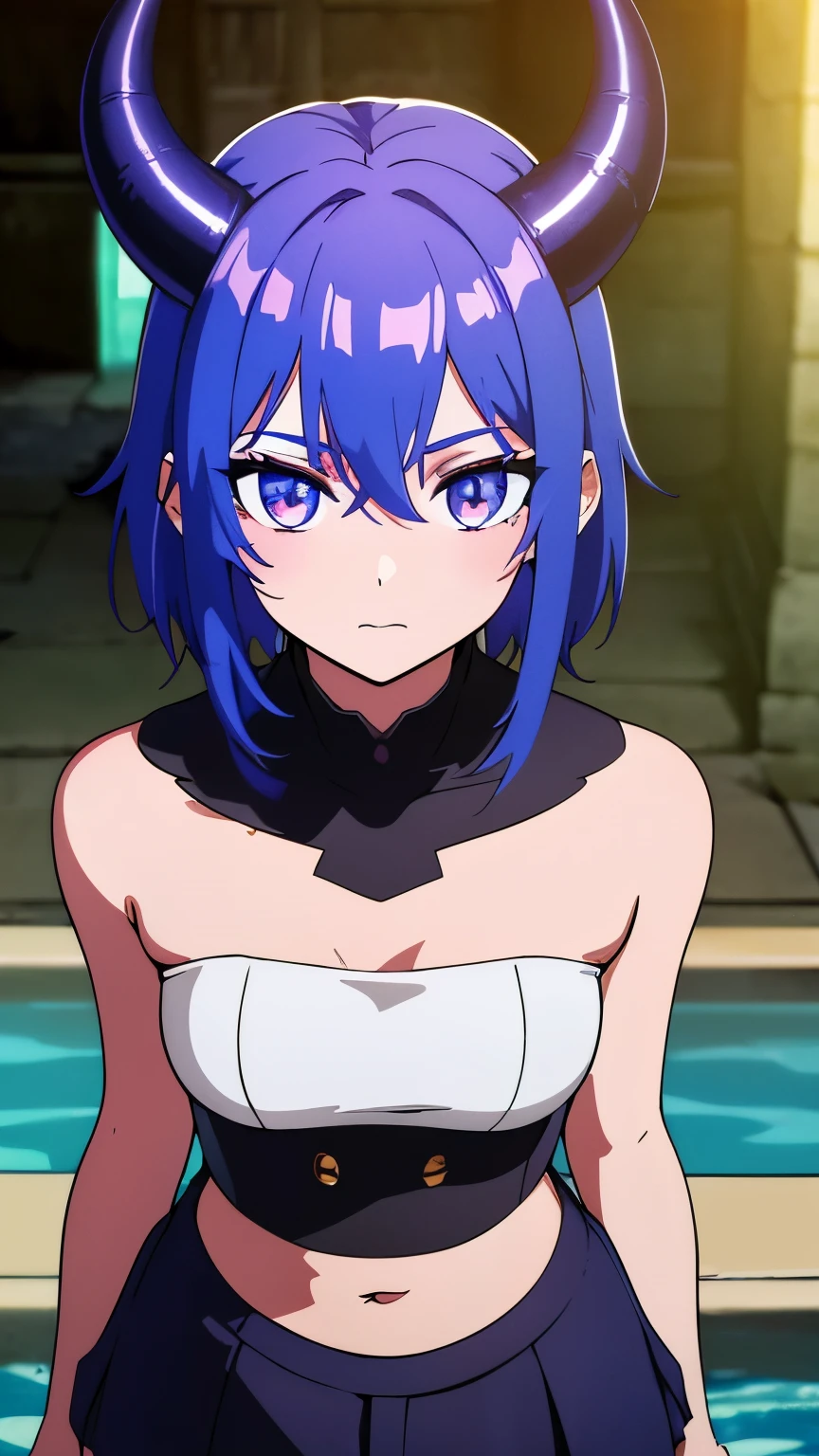 1 girl ,(big Stigmata), non binary, androgynous, School courtyard, (floating hair), ((in courtyard fountain)), character focus, ((black light)),((dark lighting)), cinematic lighting ,(darkness), (concept art), ((innocent face)), blue short straight hair, light blue hair color, dragonoid girl, short, short blue hairy, glowing bluish-purple horns, bluey-purple eye color, (glowing eyes), high resolution,(incredibly absurdres) ,extremely detailed CG unity 8k wallpaper, ((masterpiece)), ((top-quality)), (beautiful illustration), ((an extremely delicate and beautiful)), (masterpiece, Best quality, ultra high resolution), 1 girl, pale skin, Black Crown, purple eyes, Luminous_eyes, neon blue eyes, ultra detailed eyes, Beautiful and detailed face, detailed eyes, (Centered, torso), (wide shot:0.9), facing the viewer, Eye level, flat chested, flat chest, cup size AAA, Wearing black cargo shorts, sharp horns, blue horns on top of head,
