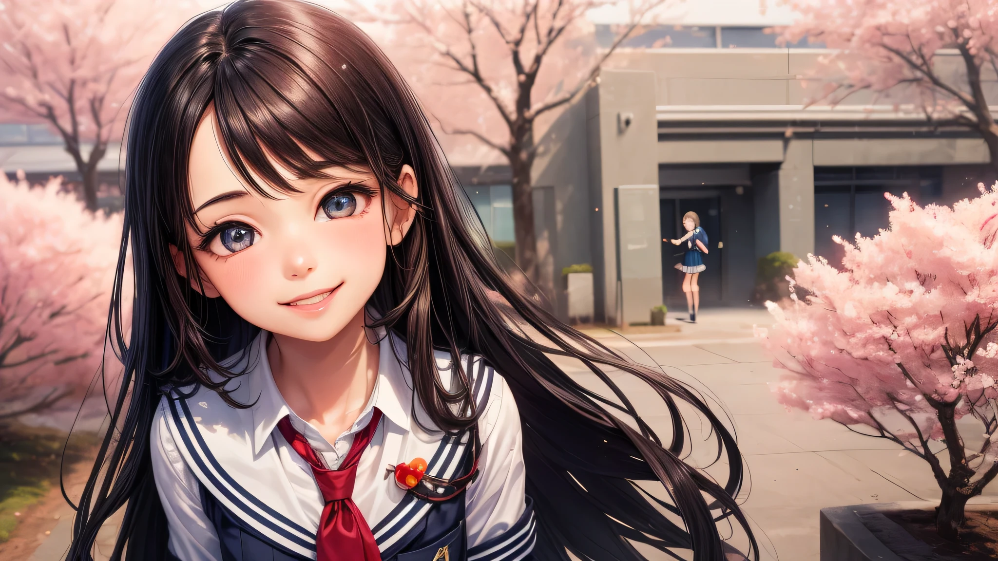 (1 girl:1.2), very cute face, Smile, (highly detailed eyes, highly detailed face), Fresh, very beautiful appearance, (surreal, High resolution), (highest quality:1.4), professional photography, (high School uniform, pleated mini skirt:1.2), smile a little, School, Schoolyard, School ground,, cherry blossoms, Upper body, focus on the face,