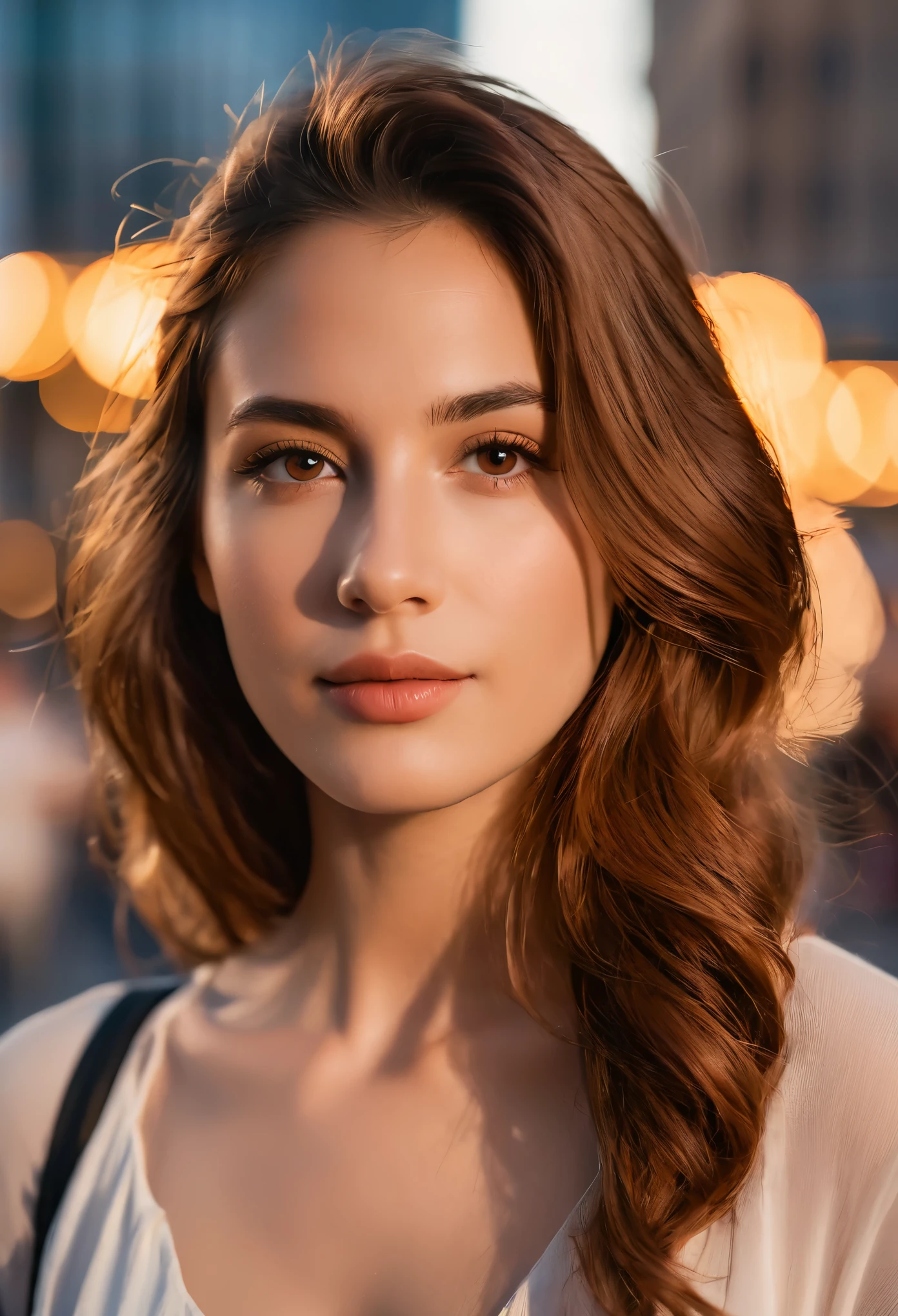 Portrait of an italian young woman in the heart of the bustling city during the golden hour using a DSLR with an 85mm prime lens, aiming for a dreamy and peaceful mood in a close-up shot with f/1.8 aperture, 1/320 sec shutter speed, and ISO 100 from a normal angle and eye line. Her long, wavy chestnut hair cascades down her back, framing her elegant features. Expressive brown eyes gazing directly at the viewer.  Her rosy lips are parted slightly, revealing a hint of a playful smile.