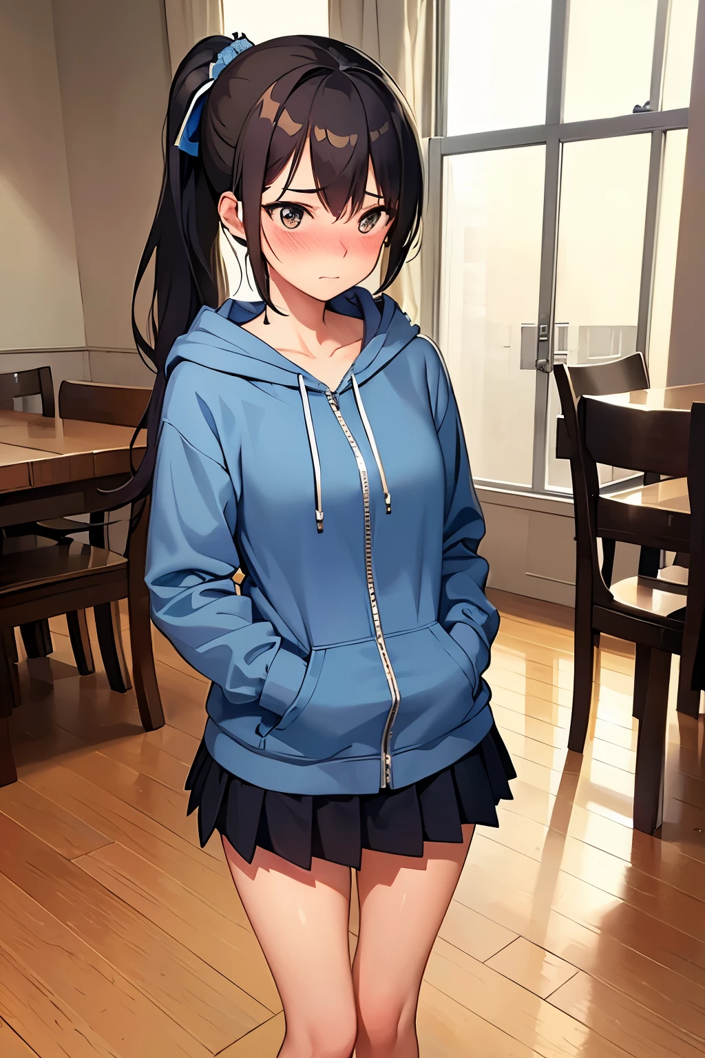 ((best quality)), ((masterpiece)), (detailed), (((perfect face))), ((slender 16yo teenage girl)), (((wearing dark blue pleated skirt))), ((unzipped light blue hoodie)), ((brunette)), ((ponytail)), ((topless)), ((shy:1.3)), ((blushing:1.5)), ((skinny thighs)), ((skinny hips)), ((standing in suburban dining room)), ((wooden floor)), (((girl looking away)))