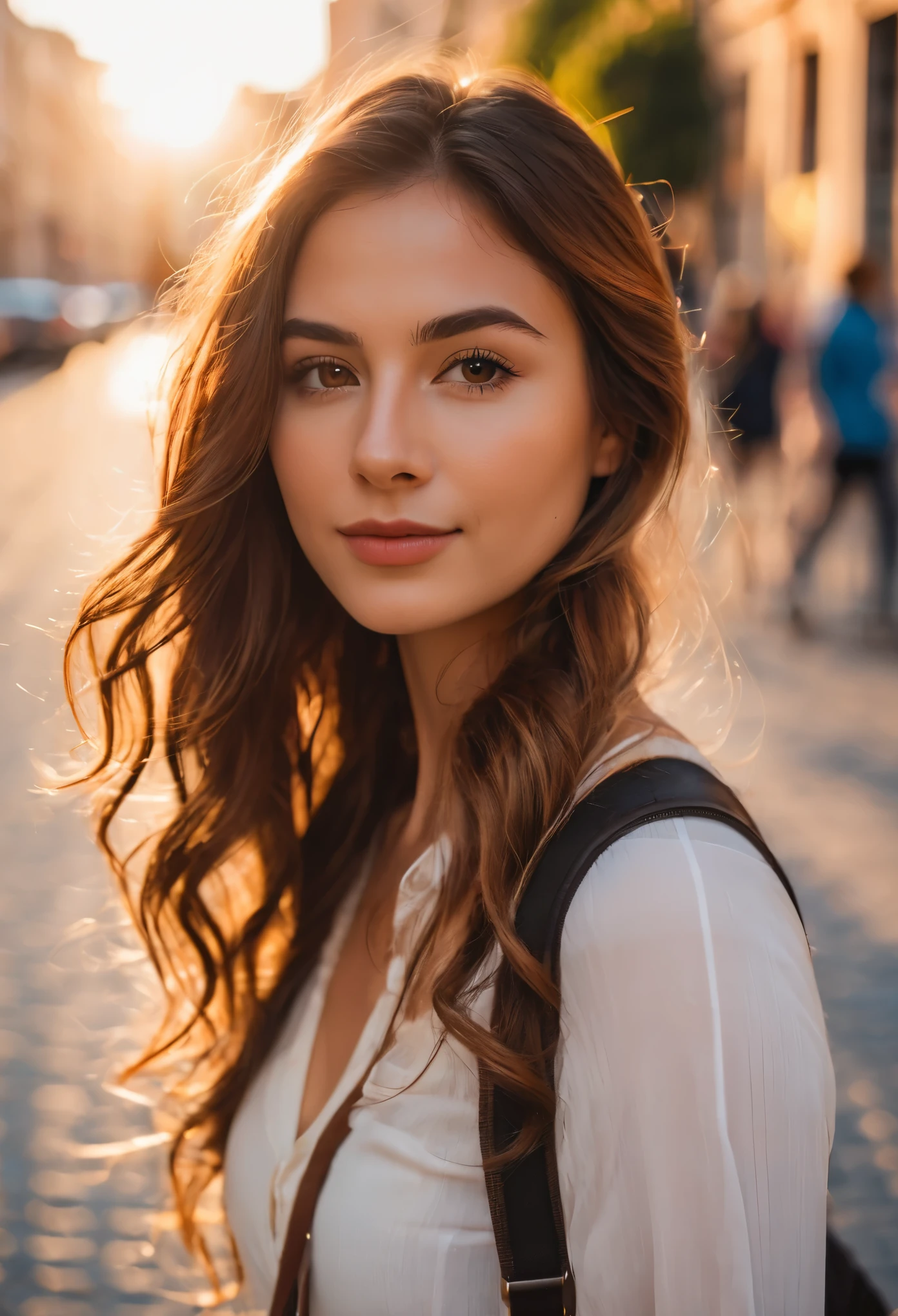 Portrait of an italian young woman in the heart of the bustling city during the golden hour using a DSLR with an 85mm prime lens, aiming for a dreamy and peaceful mood in a close-up shot with f/1.8 aperture, 1/320 sec shutter speed, and ISO 100 from a normal angle and eye line. Her long, wavy chestnut hair cascades down her back, framing her elegant features. Expressive brown eyes gazing directly at the viewer.  Her rosy lips are parted slightly, revealing a hint of a playful smile.