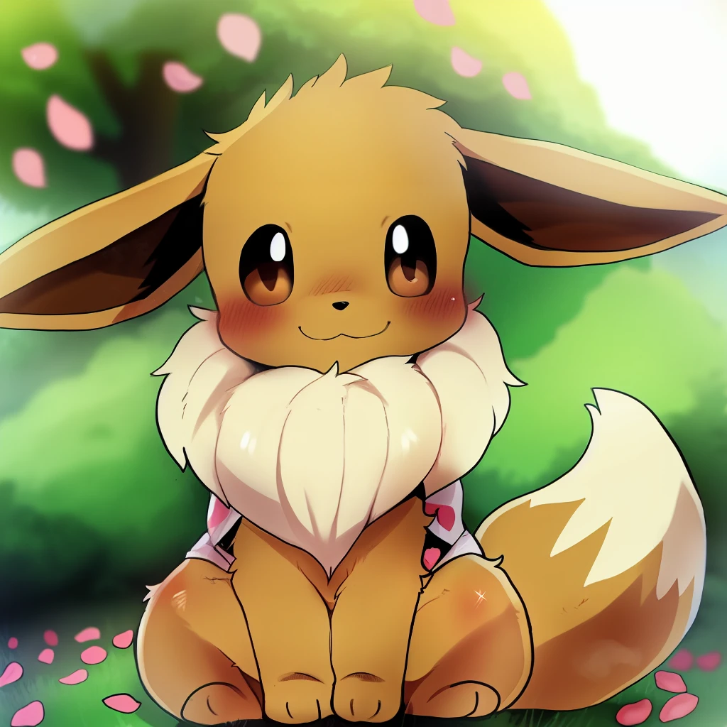 male, solo, pokemon (species), eeveelution, eevee, multi colored fur, smile, fluffy, shirt, t-shirt, clothing, hires, detailed, anime, kemono, dagasi, petals, flowers, tree, detailed background, beautiful detail, sparkles, pixiv, cute kawaii, 