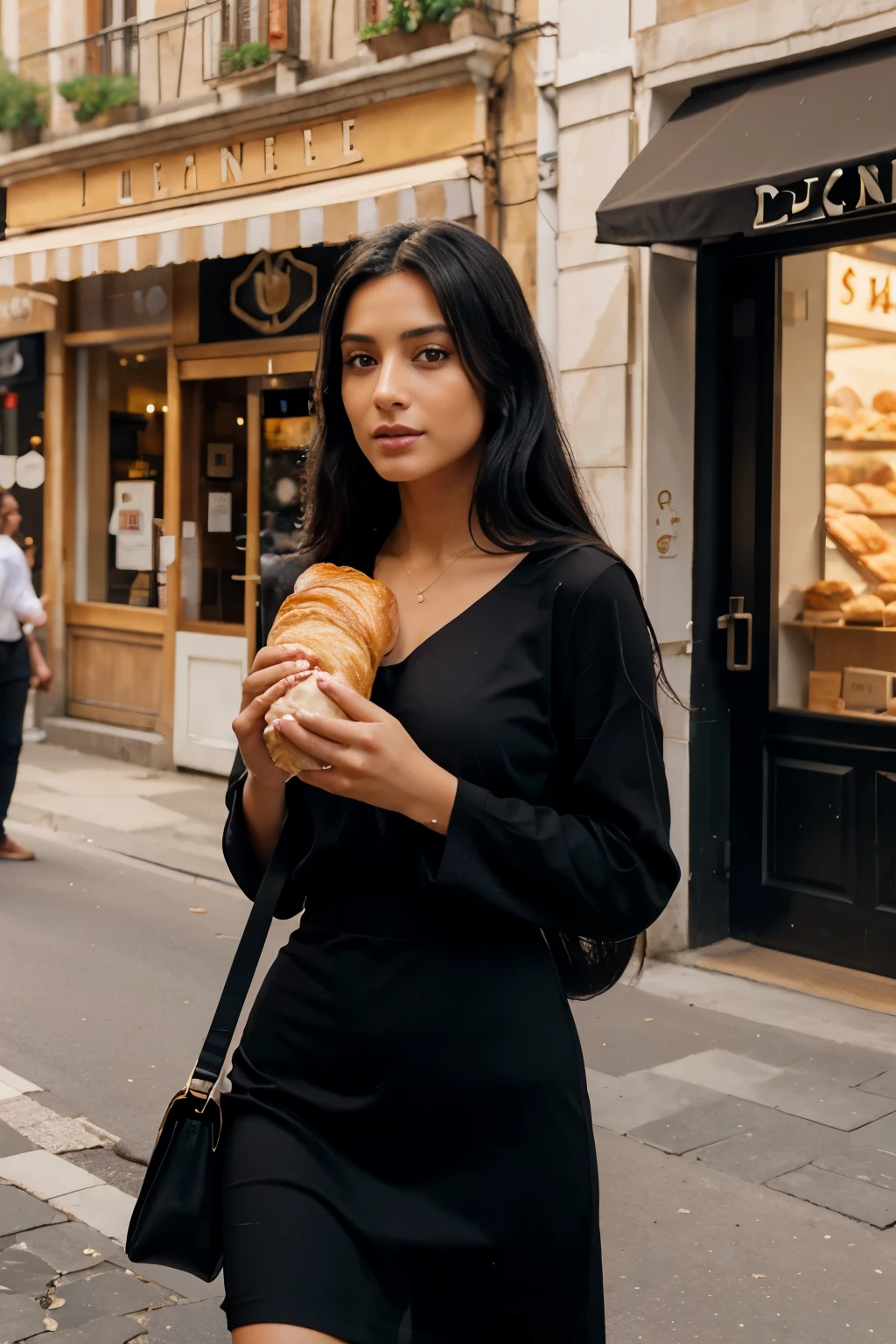 Uhd, lut, cinematic, italian sicilian woman wearing streetstyle dresses, eating a croissant, long black hair, sexy body, tanned, natural skin, skin pores, handling a mobile, real mobile, eating a croissant