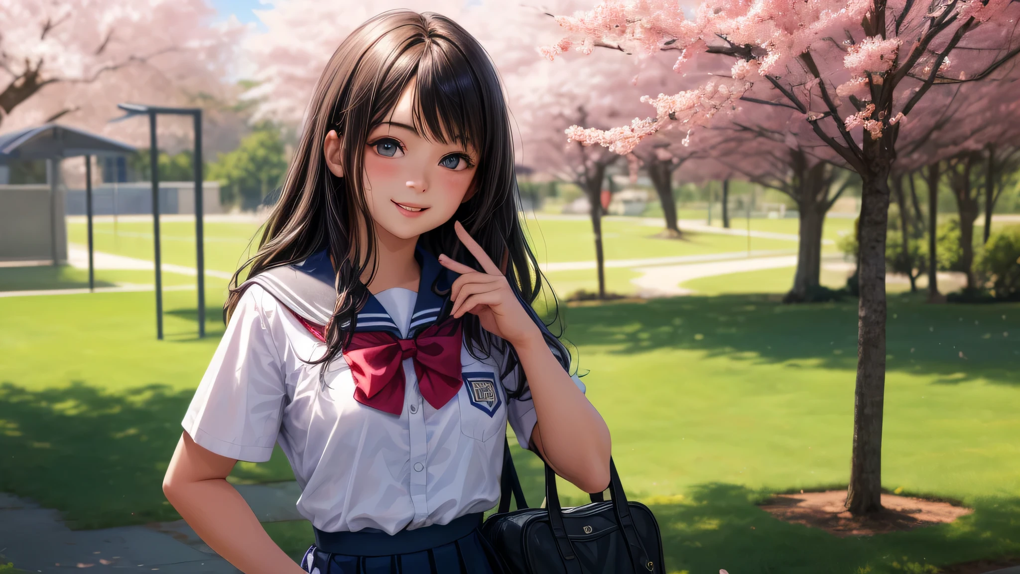 (1 girl:1.2), very cute face, Smile, (highly detailed eyes, highly detailed face), Fresh, very beautiful appearance, (surreal, High resolution), (highest quality:1.4), professional photography, (high School uniform, pleated mini skirt:1.2), smile a little, School, Schoolyard, School ground,, cherry blossoms, Upper body, focus on the face,