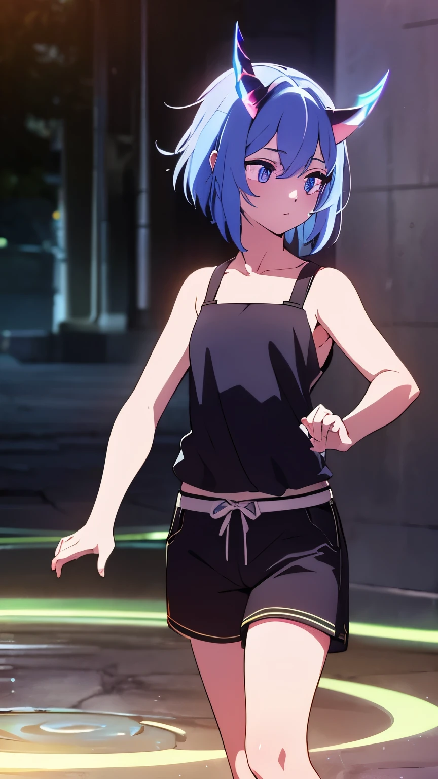 <lora:michiru_kagemori:1> michiru_kagemori, 1girl, blue hair, two-tone hair, multicolored eyes, tail, furry, raccoon ears, body fur, animal nose, best quality, masterpiece, brown colored hands, leather black jacter, white tank top, denim pants, bar, indoors, bottles, standing, hands on hips, looking away, puffy cheeks, pout