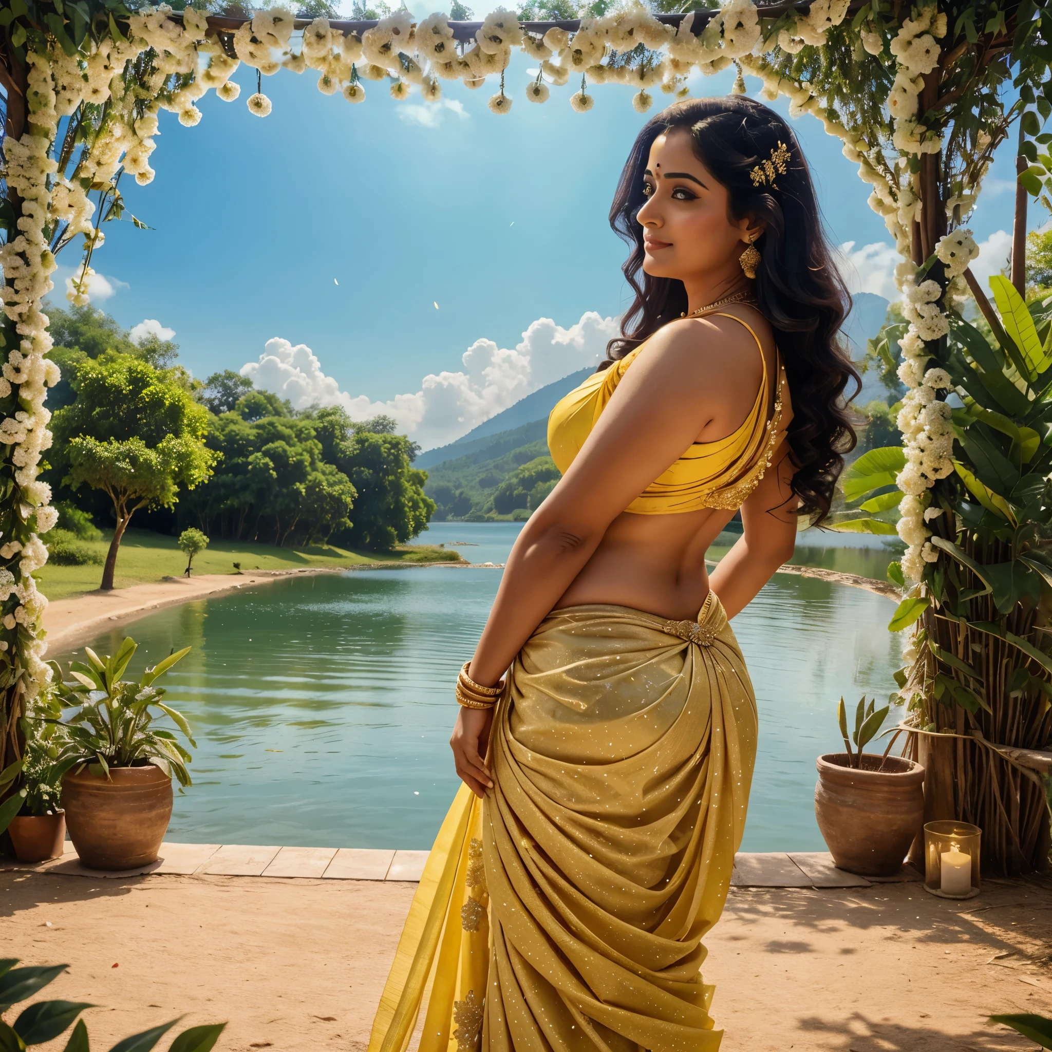 Create a stunning visual of Kavya Madhavan, wearing a yellow creamy saree, is nibbled from behind by a wolf headed man with love and vigor, there is intricately detailed picterisque landscape in the background, signaling a spark of love and excitement, the sky is blue and vibrant, she is showered with white petals from heaven, she is full of energy for having more of this treat, she is happy and tranquil, a attractive, beautiful, curvy, voluptous, half body shot, perfect composition, golden ratio in the composition, vibrant soothing, cinematic lighting