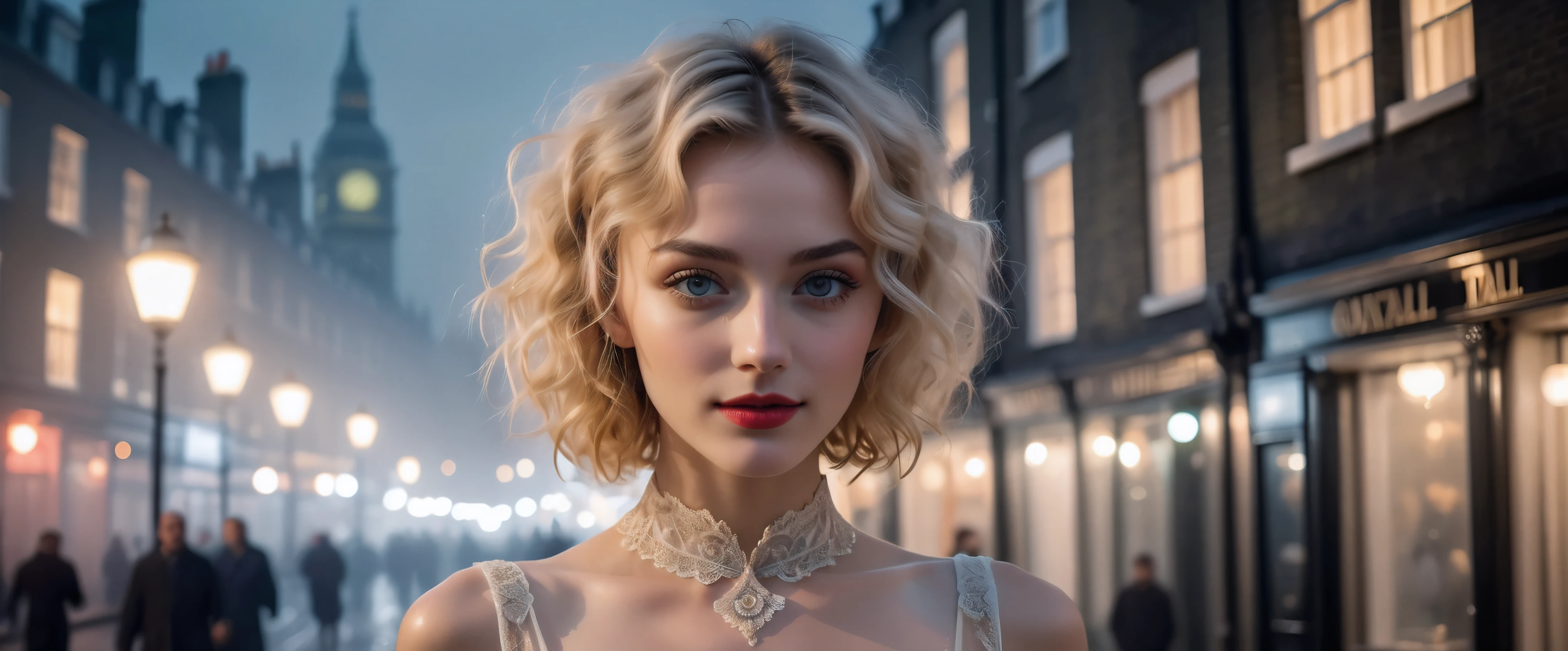 wide shot photo of English Supermodel Beauty, RAW, Blonde Hair, ((Aquiline Nose)), (Short Curly Hairstyle), ((detailed Englsih face)), ((detailed facial features)), (finely detailed skin), pretty skin, (detailed beautiful eyes), (Skimpy Victorian dress), (at a foggy London street at night), ((tynsdall effect)), (cold colors), fog, mist, breeze, reflection, (masterpiece), (perfect aspect ratio), (realistic photo), (best quality), (detailed) photographed on a Canon EOS R5, 50mm lens, F/2.8, HDR, (8k) (wallpaper) (cinematic lighting) (dramatic lighting) (sharp focus) (intricate) cute smile, no shadow.