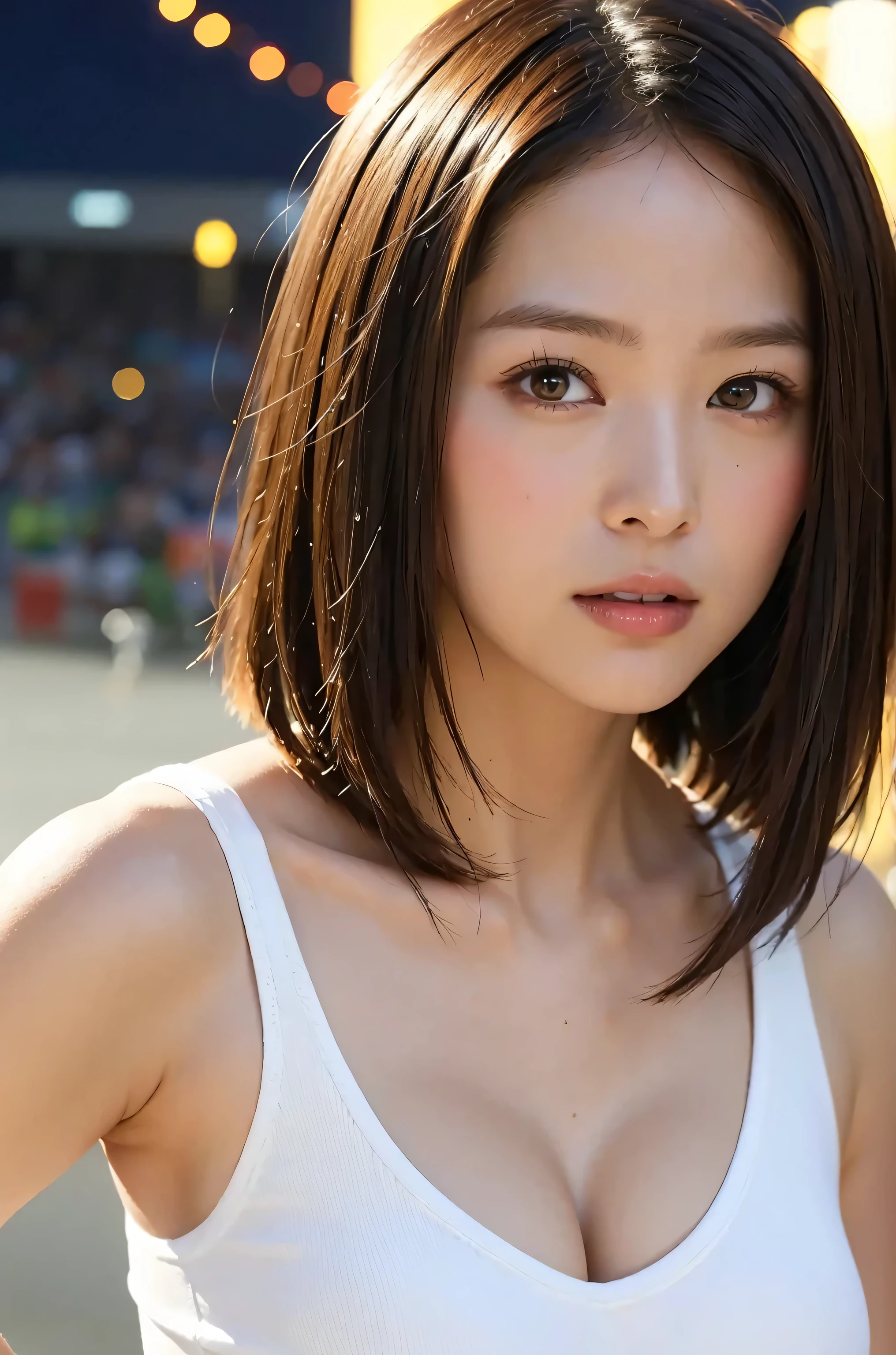 (8k、RAW photo、highest quality、masterpiece:1.2)、(realistic、Photoreal:1.37)、Super detailed、超A high resolution、close up of face, alone, 1 girl、see the beholder、(30 years old), There are age-appropriate wrinkles, brown hair, beautiful and detailed face、laughter、narrow、(slim waist) :1.3)、short bob hair with brown hair、Fine and beautiful skin、skin texture、floating hair、professional lighting、as a whole human body、blonde hair, (White truck costume with open chest,cleavage cutout :1.2), (covered nipples:0.9),  (Athletics stadium at night), (put your hands behind your head:1.2), flat chest, small breasts, shining eyes, towards the camera, Female dog, golden ratio,