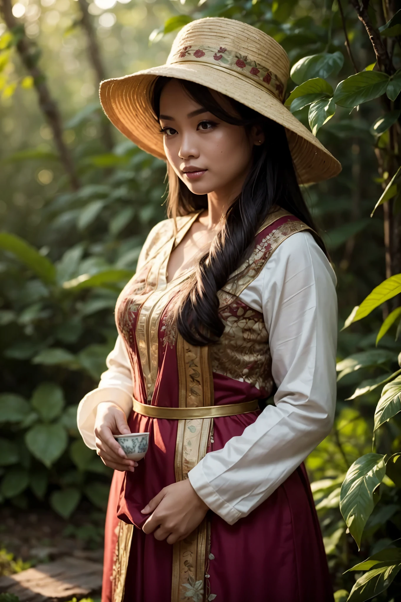 Best quality, ultra HD, Masterpiece: 1.3,
A beautiful Indonesian woman, with a slight smile,
Wearing traditional kebaya clothes, comprang hat adorned with a hood,
Picking tea leaves on a intricately detailed plantation,
Background read: "MBOTWEPORA,"
Mountainous landscape, complex and realistic,
Natural elements of lush greenery intertwined with mist,
Detailed foliage, depicting a serene, peaceful ambiance,
Volumetric lighting adding depth and dimension,
Subtle shadows adding intrigue and depth to the scene,
Soft focus enhancing the beauty of the woman,