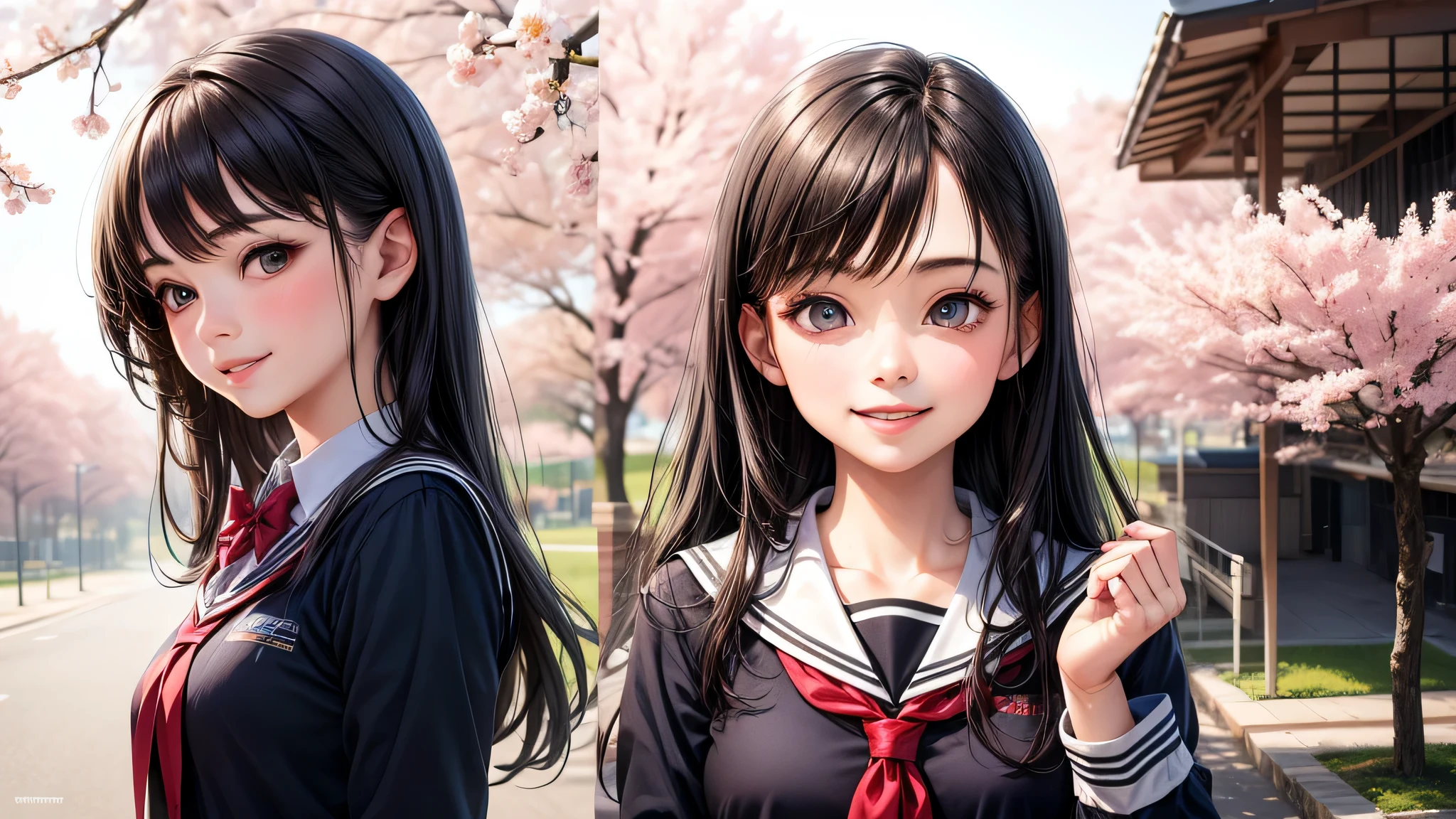 (1 girl:1.2), very cute face, Smile, (highly detailed eyes, highly detailed face), Fresh, very beautiful appearance, (surreal, High resolution), (highest quality:1.4), professional photography, (high school uniform, pleated mini skirt:1.2), smile a little, schoolyard, schoolyard, cherry blossoms, Upper body, focus on the face,