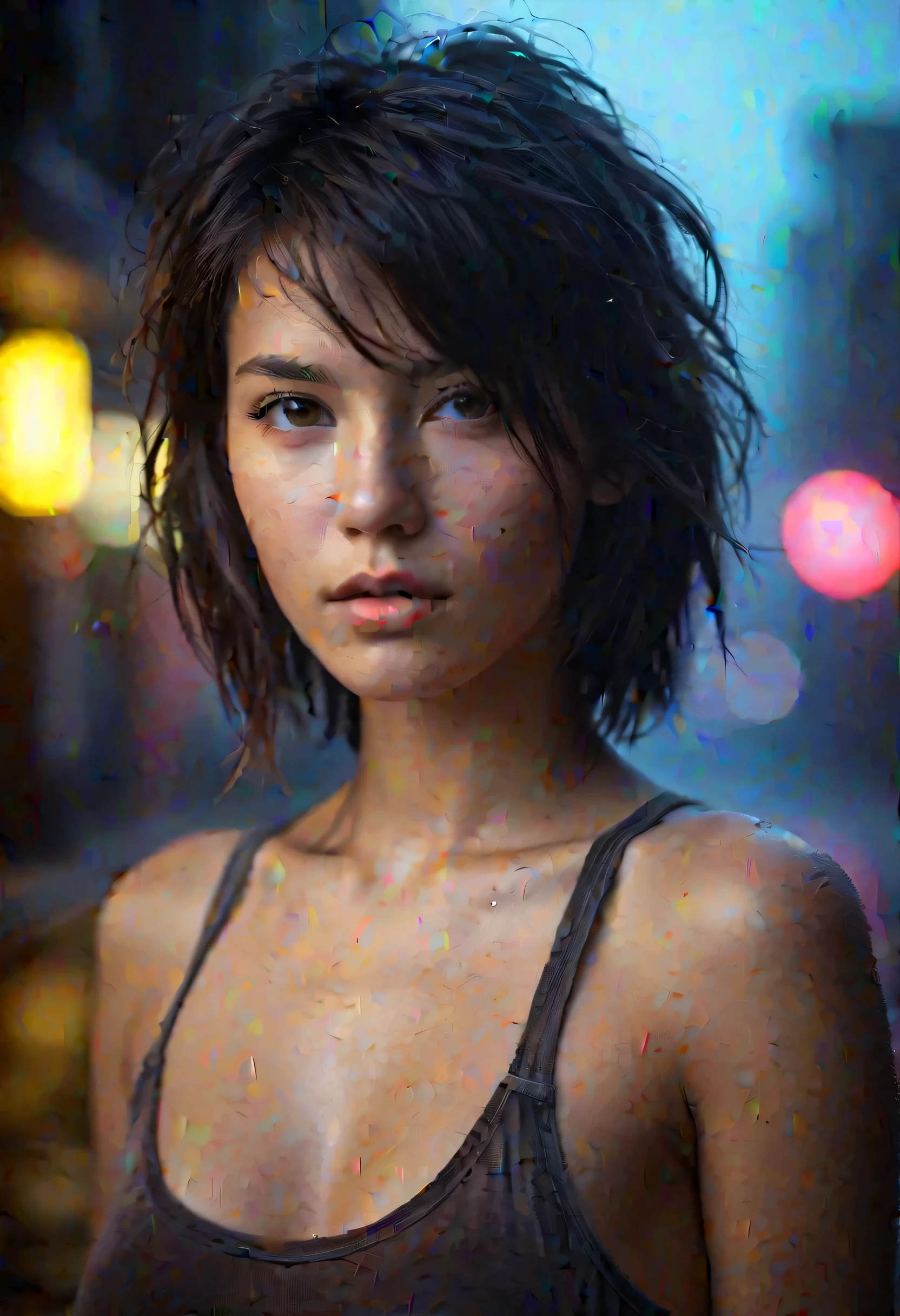 city street, neon, fog, volumetric, closeup portrait photo of young woman in dark clotheessy hair:0.3), (naked breast), (shot from distance), (dirty body:1.6), Indifferent, (body sweat), (wet body), tank top, depth of field, (gorgeous:1.2), detailed face, dark theme, Night, soothing tones, muted colors, high contrast, (natural skin texture, hyperrealism, soft light, sharp), (freckles:0.3), (acne:0.3), Cannon EOS 5D Mark III
