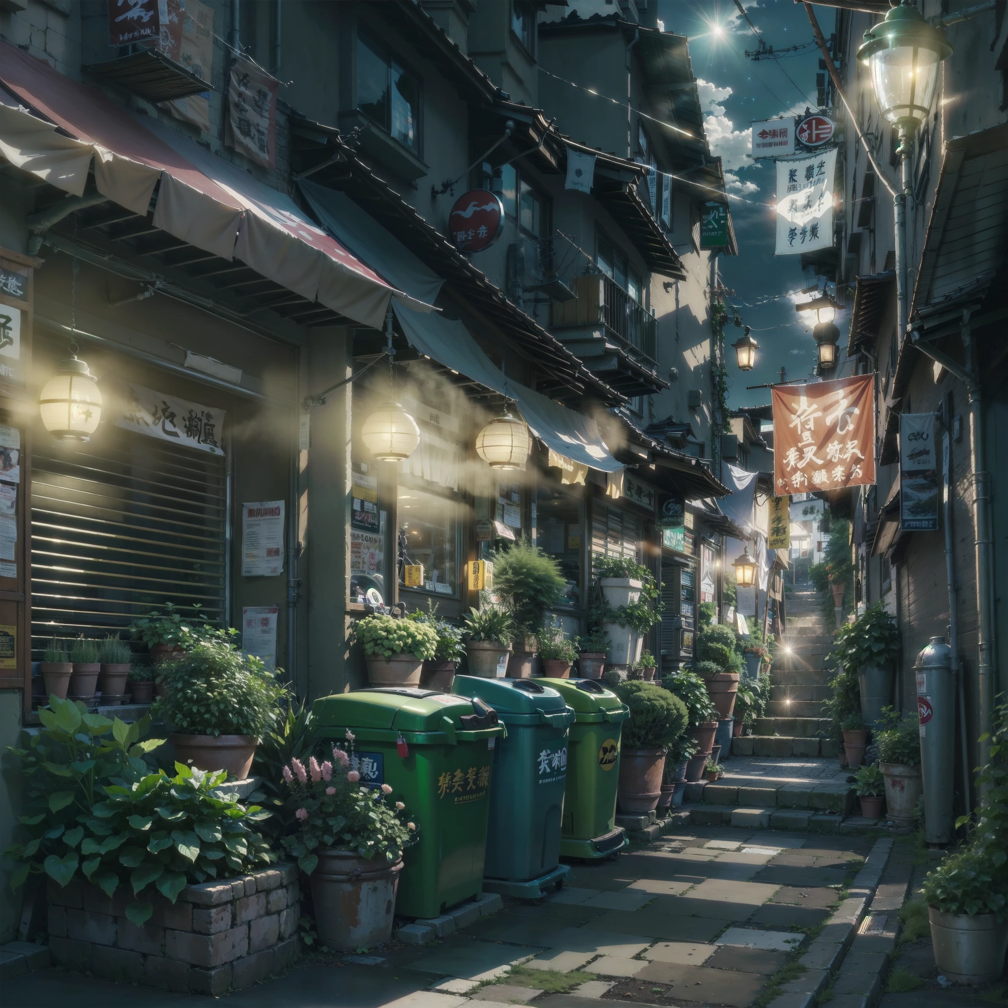 high detail, anime, anime style, sparkle, cinematic lighting, god rays, glowing light, reflection light, close-up, lens flare, masterpiece, high details, best quality, super detail, high quality, anime background, anime wallpaper, sunny weather, bright blue sky, dramatic lighting, narrow japanese urban alleyway, japanese shop signs, japanese signs, japanese banners, banners, plant pots, plants, trees, grass, cobble path, trash cans, nigh time, dark, street lights, stars, (realistic,photorealistic:1.37),
