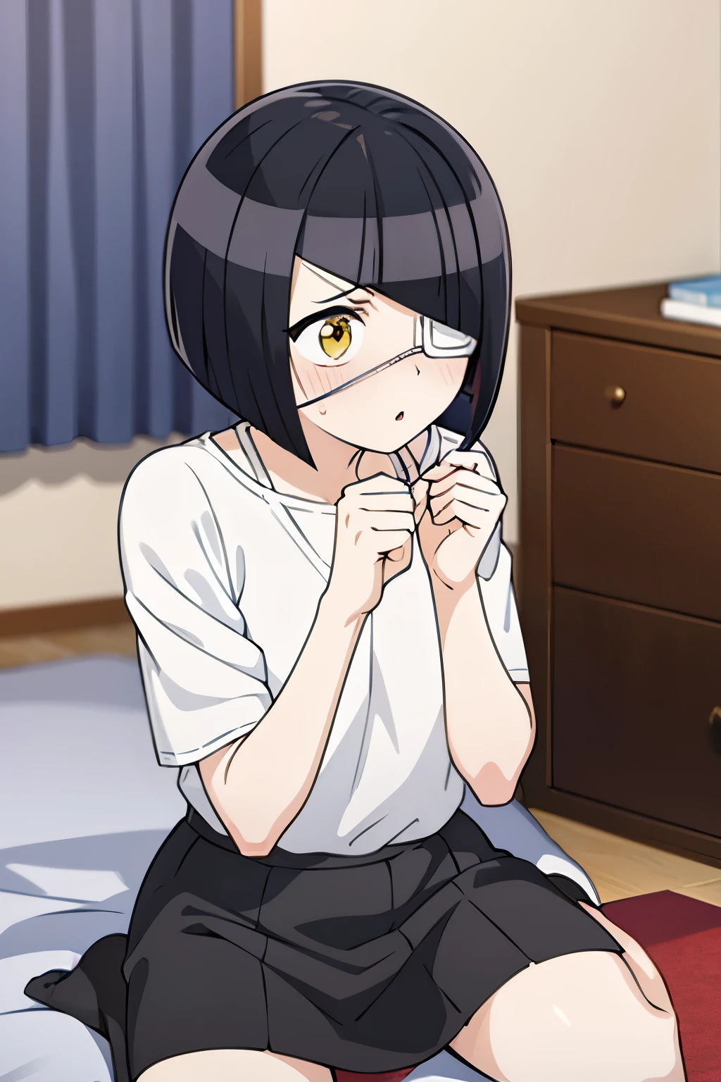 girl, nakanaka_omoharu, black hair, short hair, flat chest, golden eyes, white eye patch, casual outfit, white shirt, black skirt, short skirt, fingerless gloves, black socks, room, bed, shy, averting gaze, looking away, frontal, blush