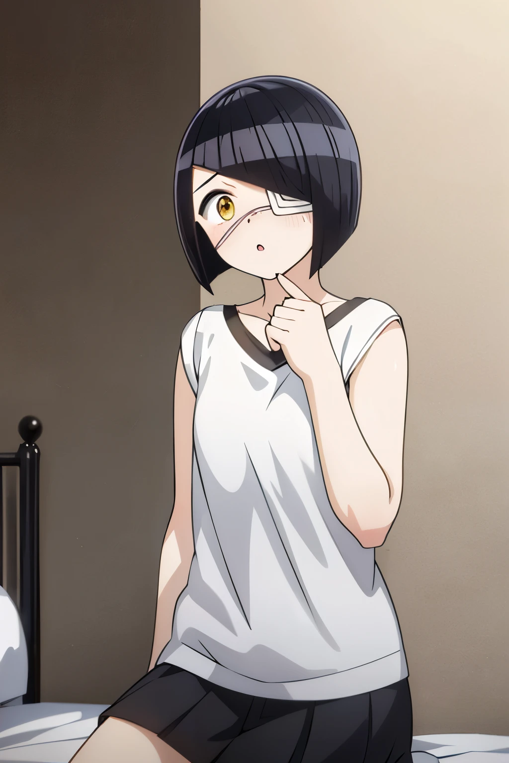 girl, nakanaka_omoharu, black hair, short hair, flat chest, golden eyes, white eye patch, casual outfit, white shirt, black skirt, short skirt, fingerless gloves, black socks, room, bed, shy, averting gaze, looking away, frontal, blush
