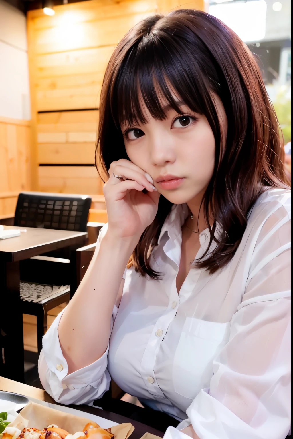 first person perspective, (masterpiece:1.3), High resolution, super detailed, Highly detailed CG Unity 8k wallpaper, realistic, photo-realistic, RAW photo, beautiful and detailed face, white skin, realistic glistening skin, fine cloth texture, detailed hair texture, perfect body, beautiful face, Accurate, anatomically correct, Highly detailed face and skin texture, natural neck length, (beautiful hands), (Fair skin:1.2), thin legs, thin legs, neatly aligned teeth,
break,
fine eyes, symmetrical eyes, light brown eyes, double eyelid, thin eyebrows, (glossy lips:1.4), (sleepy face:1.2), (blush:1.3),
break,
(classy and cute girl:1.3), (wearing classy clothes (Light purple) button shirt:1.2), ((navy) long skirt with irregular hem:1.2), close button, (long skirt),
gigantic huge breasts, sagging breasts, (slender body shape:1.1), strong abdominal muscles, beautiful clavicle,
(dark blonde hair, wavy hair, long hair:1.2), ((asymmetrical bangs:1.2)),
break,
Breast on Table:1.5, (on the table, (There is yakitori, french fries, salad, and「Takoyaki」 ):1.2), (sit in the chair opposite), ((put your elbows on the table、gently lift your chin:1.3)),
(in the outdoor 'Biergarten' of Japan at night)), (night), (night), (night), (upper body shot:1.2), looking at the viewer, From before,