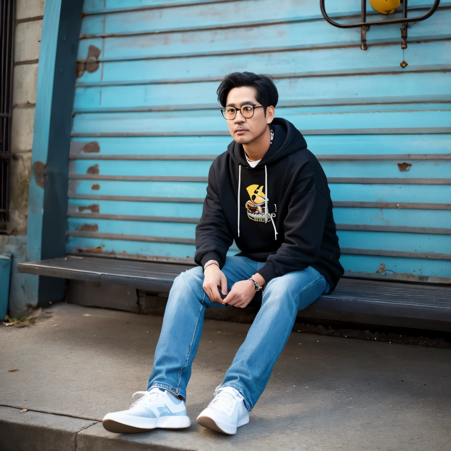 male,short hair,44 years old,hoodie,jeans,sneakers,Pikachu