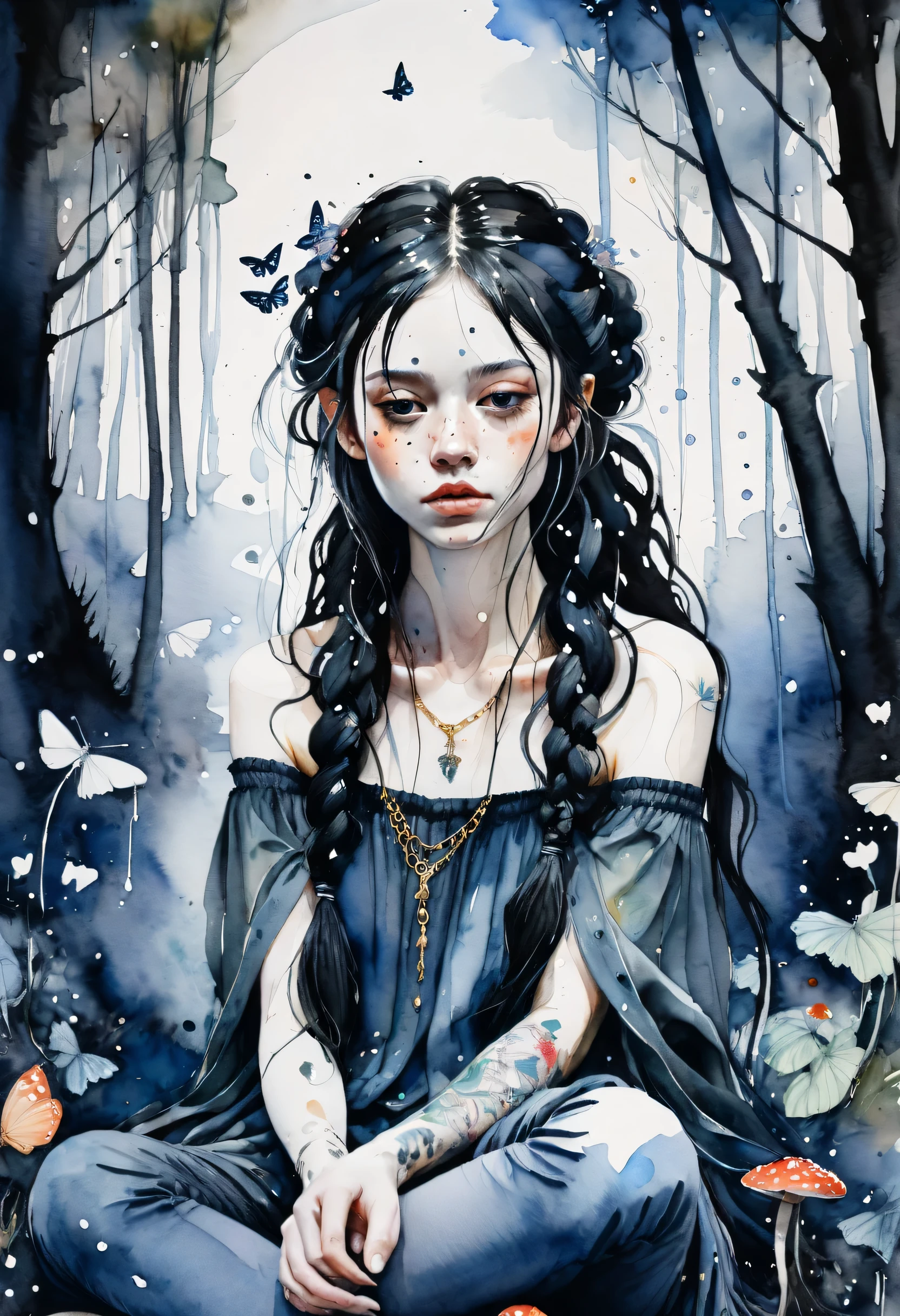 ((watercolor by Agnes Cecile)), painting of a beautiful 20 year old girl with freckles + choker + tattoos + long braided black hair + ornate jewellery, sitting in a magical forest at night with butterflieushrooms all around, ((ink blot:0.4), (drip:0.5), (messy:0.3), (sketch:0.3), (scratches:0.2))
