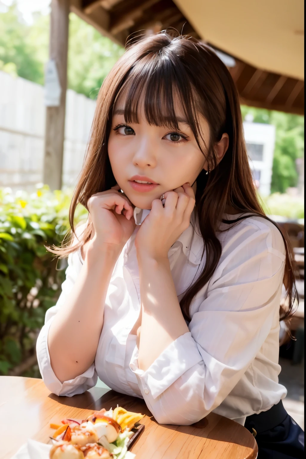 first person perspective, (masterpiece:1.3), High resolution, super detailed, Highly detailed CG Unity 8k wallpaper, realistic, photo-realistic, RAW photo, beautiful and detailed face, white skin, realistic glistening skin, fine cloth texture, detailed hair texture, perfect body, beautiful face, Accurate, anatomically correct, Highly detailed face and skin texture, natural neck length, (beautiful hands), (Fair skin:1.2), thin legs, thin legs, neatly aligned teeth,
break,
fine eyes, symmetrical eyes, light brown eyes, double eyelid, thin eyebrows, (glossy lips:1.4), (sleepy face:1.2), (blush:1.3),
break,
(classy and cute girl:1.3), (wearing classy clothes (Light purple) button shirt:1.2), ((navy) long skirt with irregular hem:1.2), close button, (long skirt),
gigantic huge breasts, sagging breasts, (slender body shape:1.1), strong abdominal muscles, beautiful clavicle,
(dark blonde hair, wavy hair, long hair:1.2), ((asymmetrical bangs:1.2)),
break,
Breast on Table:1.5, (on the table, (There is yakitori, french fries, salad, and「Takoyaki」 ):1.2), (sit in the chair opposite), ((put your elbows on the table、gently lift your chin:1.3)),
(in the outdoor 'Biergarten' of Japan at night)), (night), (night), (night), (upper body shot:1.2), looking at the viewer, From before,