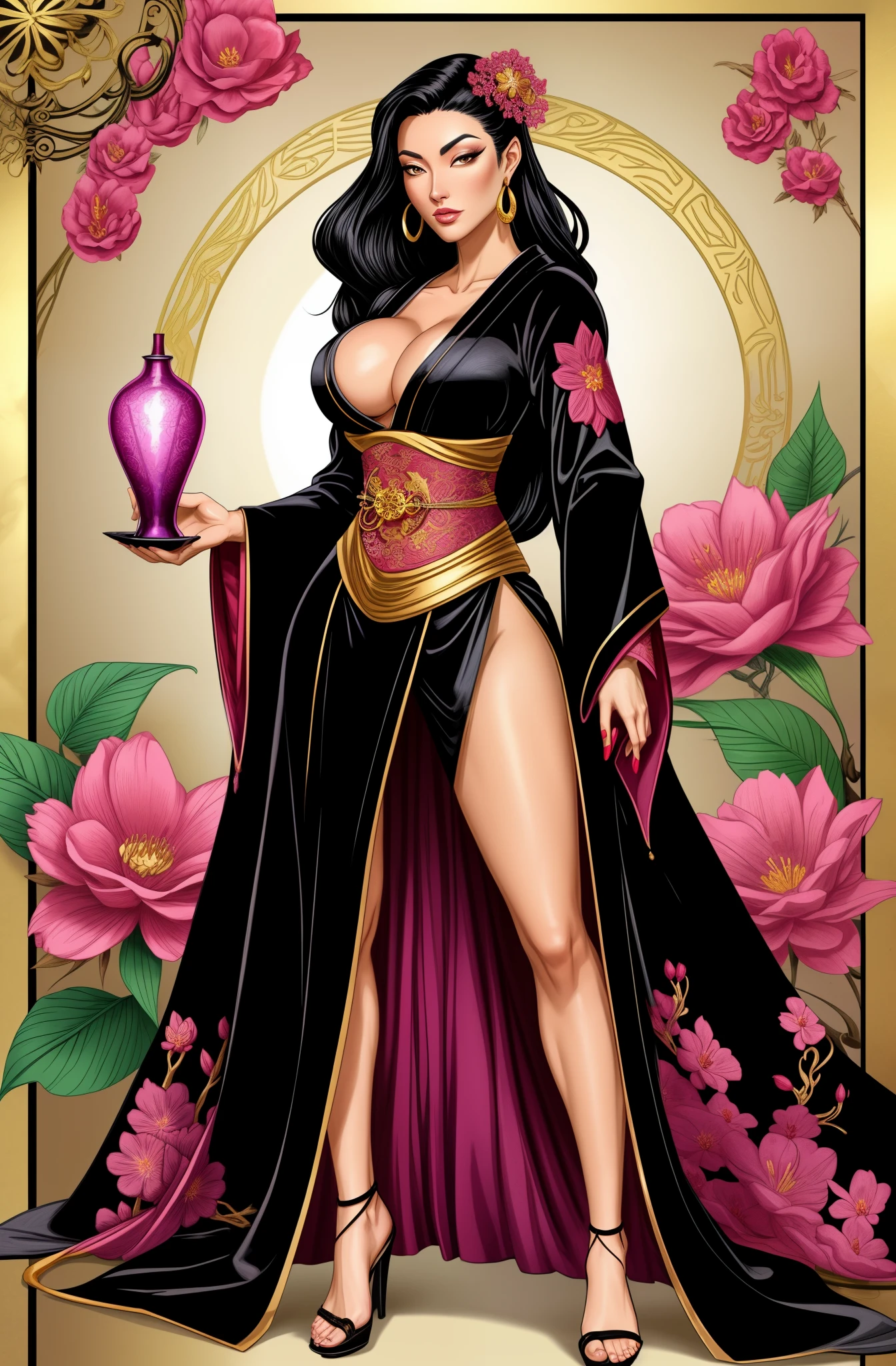 sexy Female alchemist wearing a black robe, gorgeous Japanese woman, elaborate black hair, pink flower embroidery, full body shot, gold trimnings