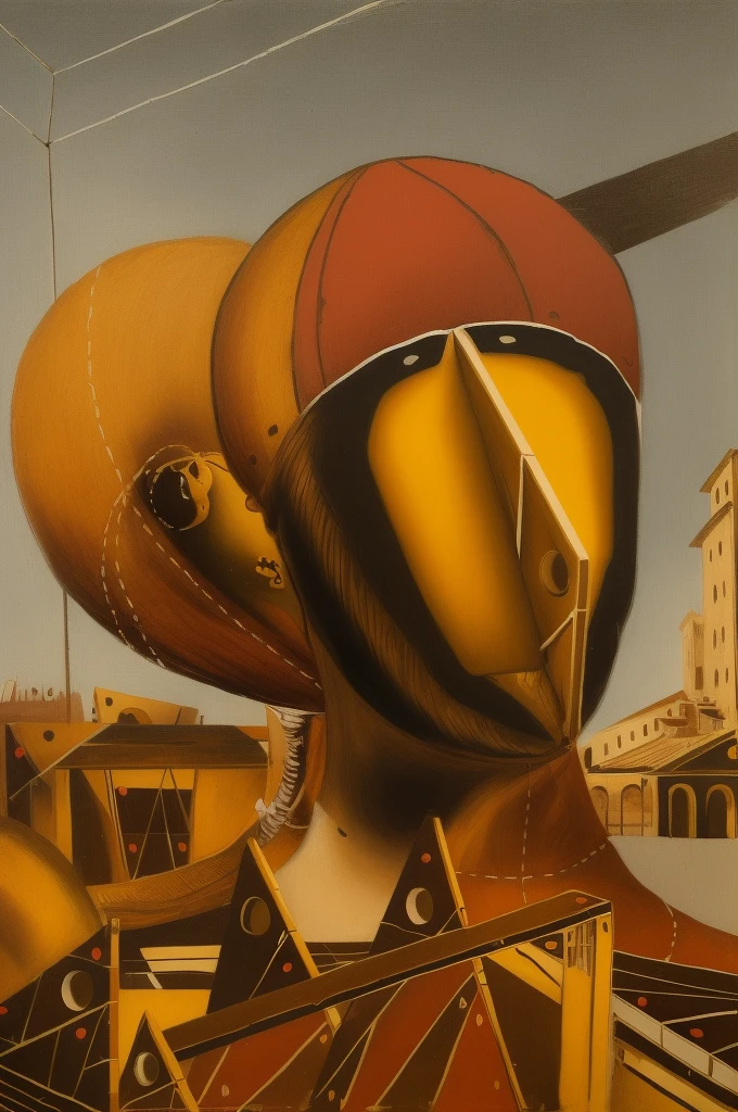 painting of a man with a giant mouth and a big head, Giorgio di Chirico, inspired Direction: Giorgio de Chirico, Direction: Giorgio de Chirico, Chirico and Rene Magritte, Giorgio de Chirico e Klimt, a pintura surrealista, inspirado em Peter Blume, cena surreal, uma pintura cubista, pintura surrealista, Arte surrealista