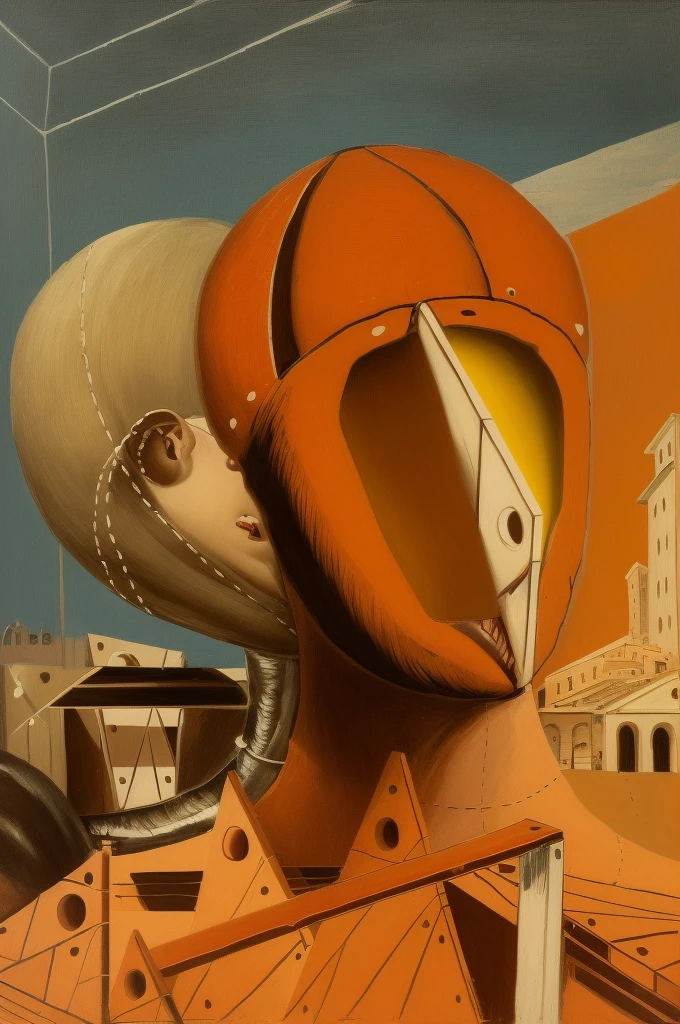 painting of a man with a giant mouth and a big head, Giorgio di Chirico, inspired Direction: Giorgio de Chirico, Direction: Giorgio de Chirico, Chirico and Rene Magritte, Giorgio de Chirico e Klimt, a pintura surrealista, inspirado em Peter Blume, cena surreal, uma pintura cubista, pintura surrealista, Arte surrealista