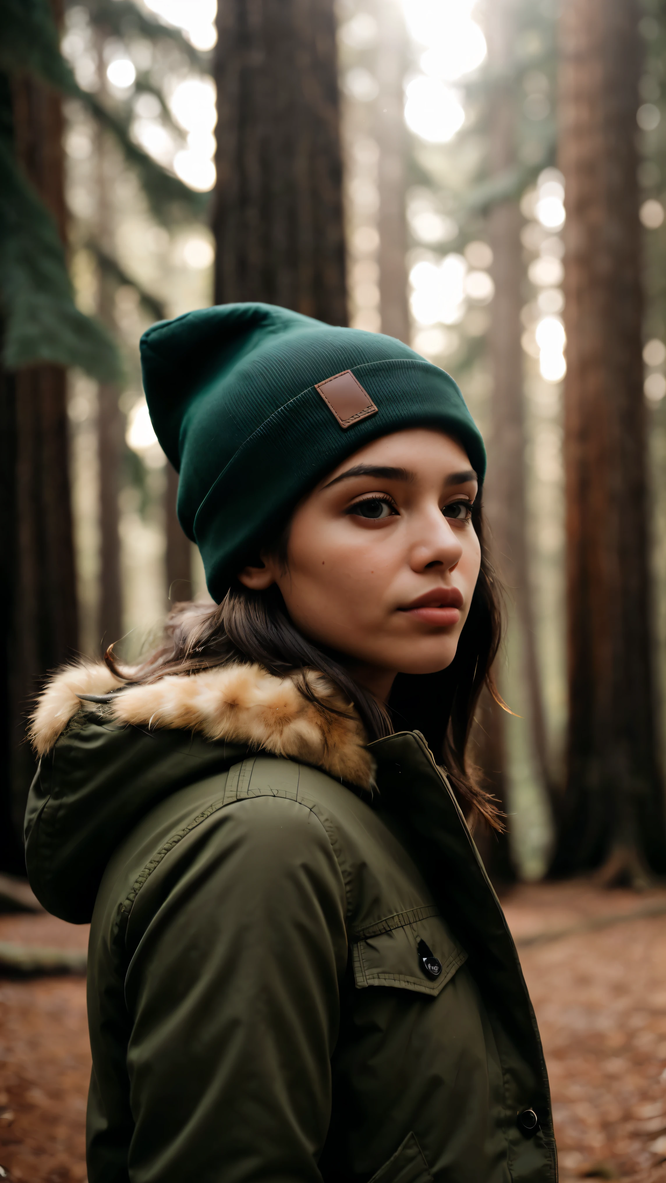 Foto einer Frau, (sympathischer Gesichtsausdruck), strukturierte Haut, Goose flesh, tiefschwarzes, halb hochgestecktes, halb runtergestecktes Haar, Parka mit Kunstpelzfutter, Skinny jeans and hat, Gruppenprofil, Towering ancient sequoia trees convey a sense of wonder and awe, perfekte Augen, ((harte Beleuchtung:1.4)), Velvia 100 Farbe, Gedreht auf Cinestill 800T, bokeh, Scharfer Fokus auf das Motiv, gedreht von Manuela Marques