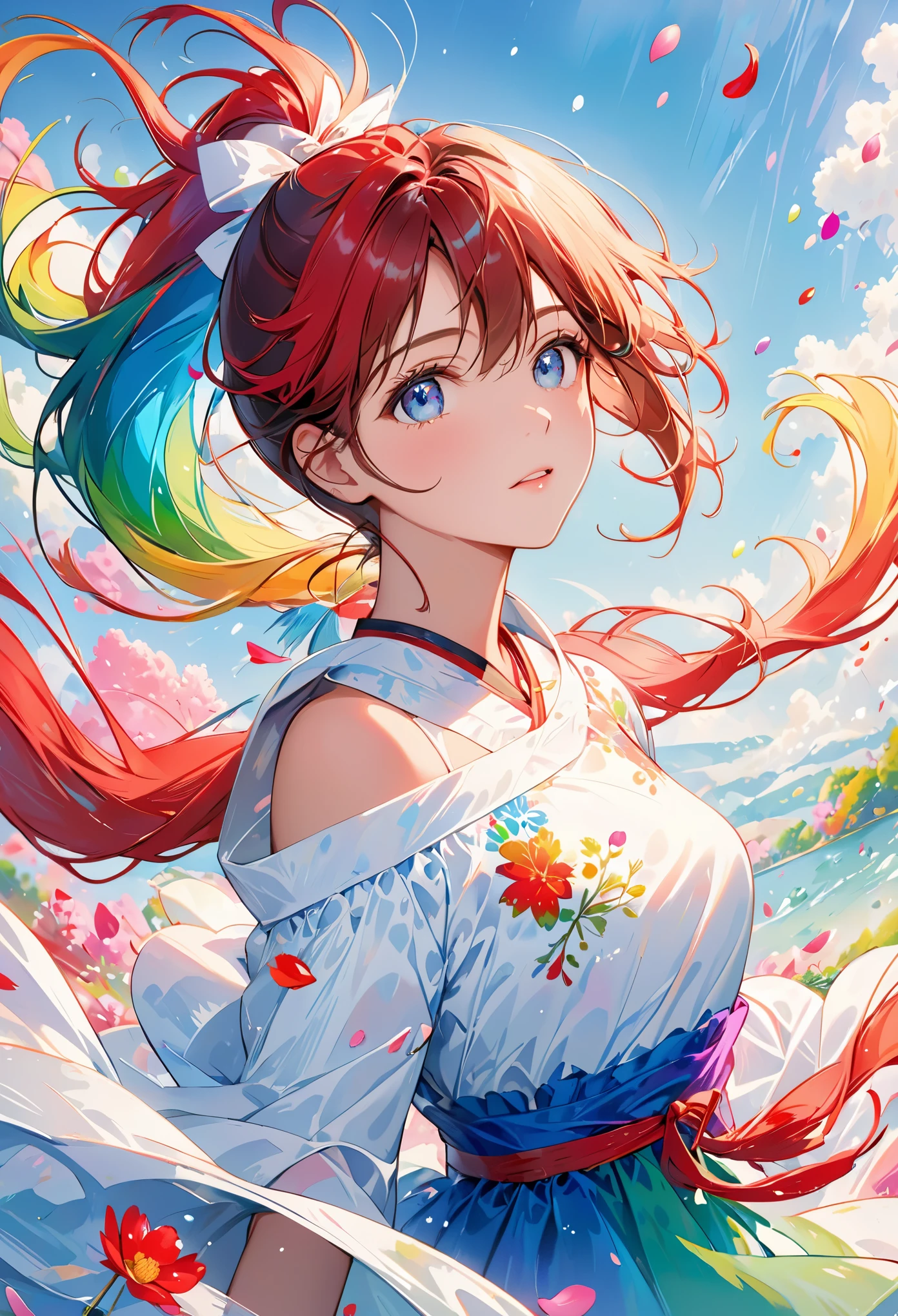 (Pink Fashion T-shirt:1.9),(Colorful hair: 1.8), (all the colours of the rainbow: 1.8),(((((vertical painting:1.6))), (painting:1.6),front, comics, illustrations, paintings, large eyes, crystal clear eyes,( rainbow color gradient high ponytail:1.7), exquisite makeup, closed mouth,(Small Fresh: 1.5),(Wipe Chest: 1.6) ,long eyelashes, white off shoulder T-shirt, White Shoulder Shirt,looking at the audience, large watery eyes, (rainbow colored hair:1.6), color splash, (solo:1.8), color splash, color explosion, thick paint style, messy lines, ((shining)),(colorful), (colorful), (colorful), colorful, Thick Paint Style, (Splash) (Color Splash), Vertical Painting, Upper Body, Paint Splash, Acrylic Pigment, Gradient, Paint, Highest Image Quality, Highest Quality, Masterpiece, Solo, Depth of Field, Face Paint, colorful clothes, (Elegant: 1.2), gorgeous,long hair, wind, (Elegant: 1.3), (Petals: 1.4),(((masterpiece))),(((best quality))),((ultra-detailed)),(illustration),(dynamic angle),((floating)),(paint),((disheveled hair)),(solo),(1girl) , (((detailed anima face))),((beautiful detailed face)),collar,bare shoulders,white hair, ((colorful hair)),((streaked hair)),beautiful detailed eyes,(Gradient color eyes),(((colorful eyes))),(((colorful background))),(((high saturation))),(((surrounded by colorful splashes))),