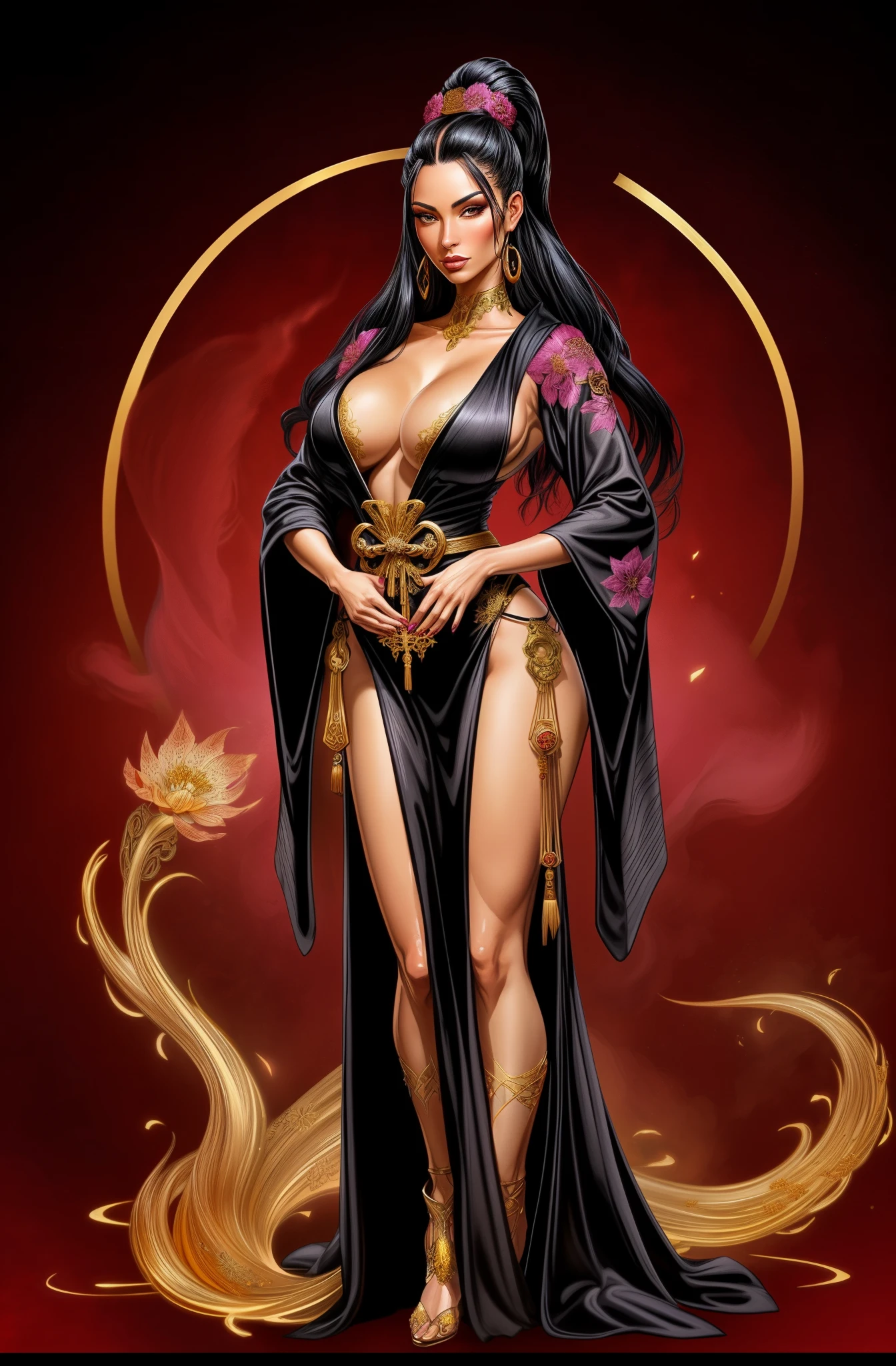 sexy Female alchemist wearing a black robe, gorgeous Japanese woman, elaborate black hair, pink flower embroidery, full body shot, gold trimnings