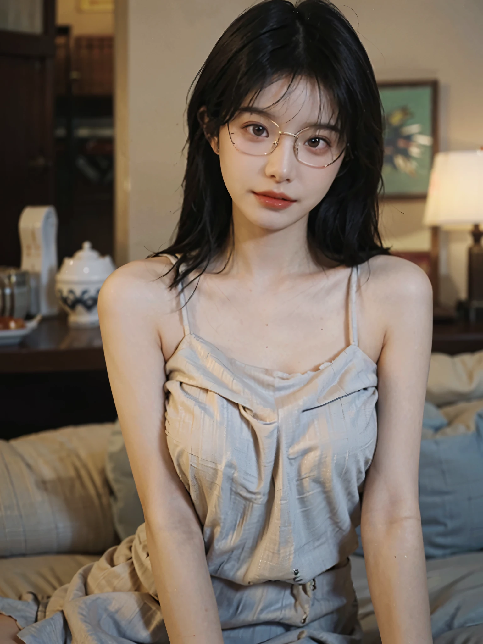 Film portrait photography, 1 girl, bare shoulders,lipstick,(flat chest:1.4), Shoulder length wavy hair, wear glasses,serene, calm, (Realistic and detailed eyes, natural skin texture, Realistic facial details), Soft dramatic lighting, depth of field, Bokeh, Vibrant details, Detailed and detailed, surreal, 35mm film, hazy, ,