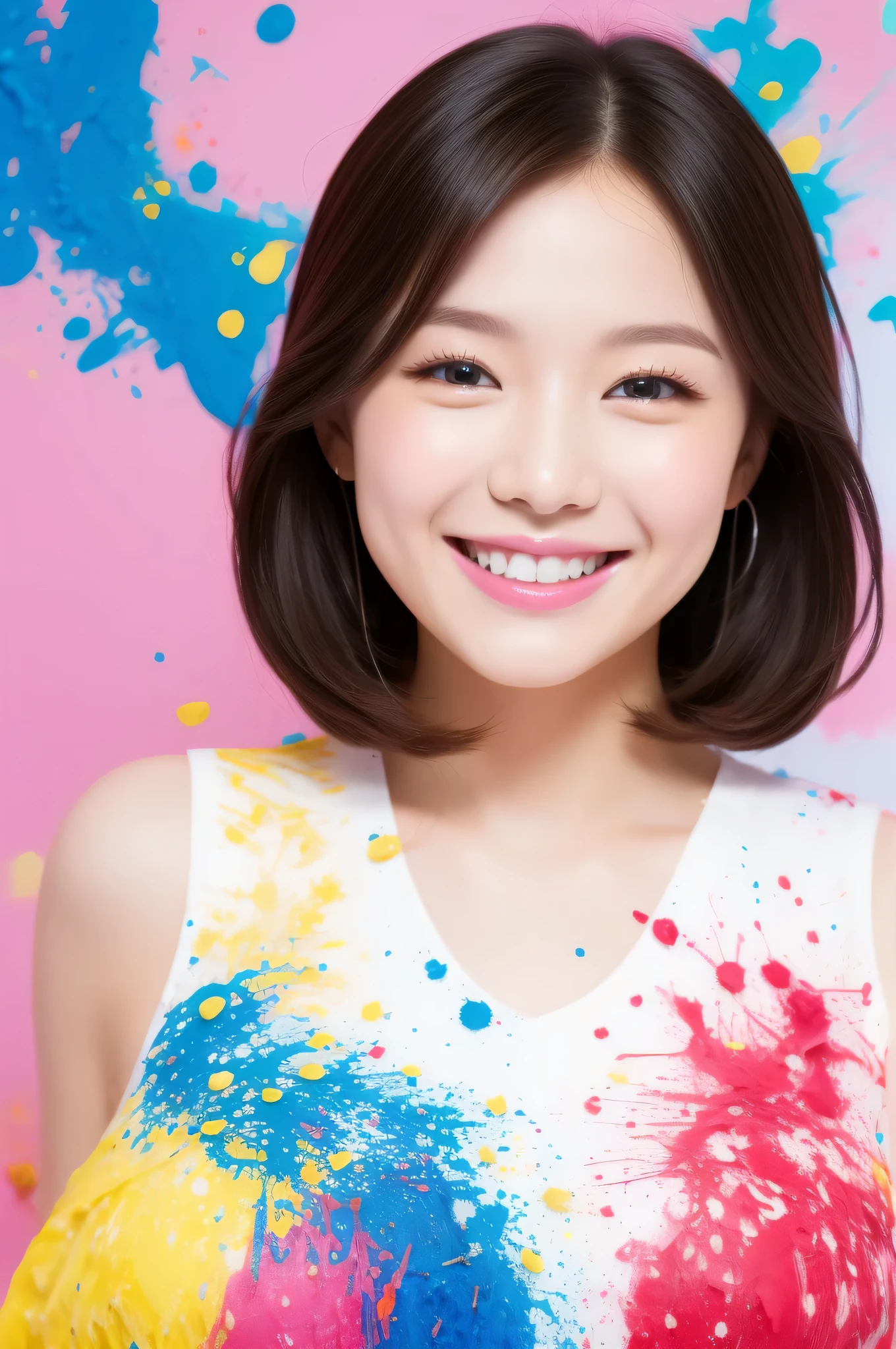 （highest quality、8k、32K、masterpiece）Background with colorful paint splatters、Idol、(smile)