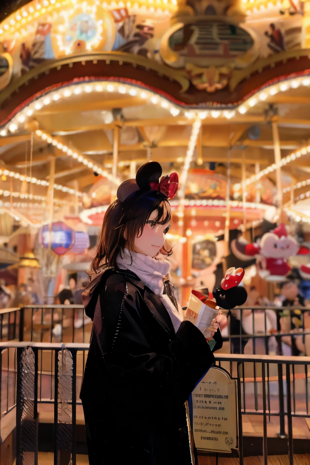 A woman in a black coat looking at her mobile phone in front of a carousel, disney artist, beautiful mouse - girl, checking her phone, photo Captured on 2 0 2 0, disney!!, trend ，, 🦩🪐🐞👩🏻🦳, Captured on 2 0 2 0, disneyland, Minnie Mouse, profile image, mickey mouse ears, mouse ears, At California Adventures