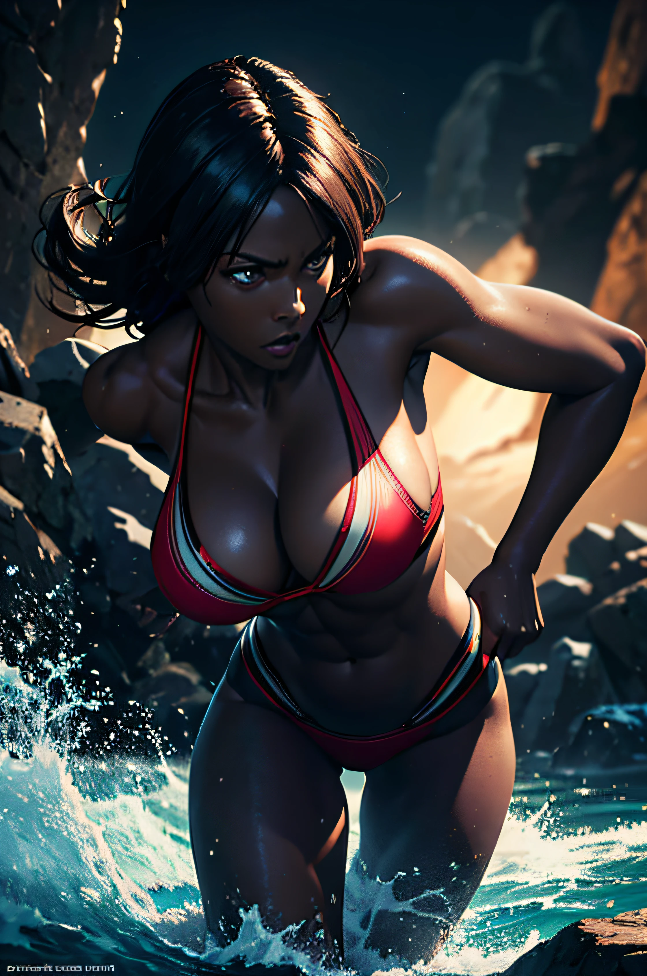 Une femme portant un bikini fronde, Peau sombre, baignade, Gros seins, pose dynamique, 3D, (8K), detailed texture,(hyperdetailed), (photo realistic), Cinematic light, Cinematic action, Very detailed, realistic, isometric, tout le corps, dans le cadre, expression motivée, Dark theme, (extremely detailed eyes), detailed symmetric realistic face, extremely detailed natural texture, chef-d'artwork, extremely detailed, incroyable, fine detail, couleurs riches, hyper realistic lifelike texture, dramatic lighting, unreal engine, tendance sur art station, photo realistic, Photo brute, High quality, high resolution, Sharpness, extremely detailed, Cinematic lighting, 8K, HD, Cinematic, neoprene, unreal engine 5, ultra Sharpness