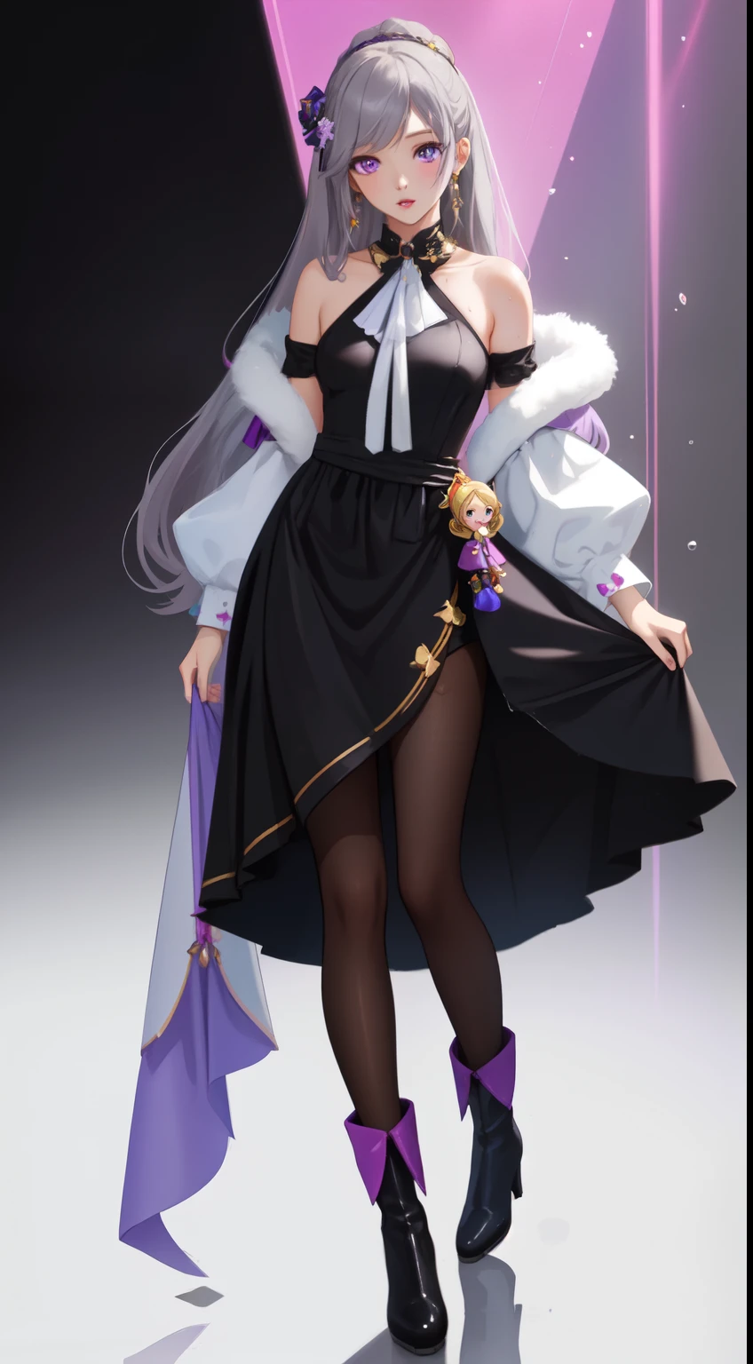 ((masterpiece)), ((highest quality)), ((High resolution)), ((detailed background)), (1 girl), pretty girl, black clothes, long hair, parted bangs, gray hair, purple eyes, ((detailed face and eyes)), wet lips, shine, dress, pantyhose, Photographed with white boots, bare shoulders, naked waist, Macross Frontier, sheryl gnome, whole body,