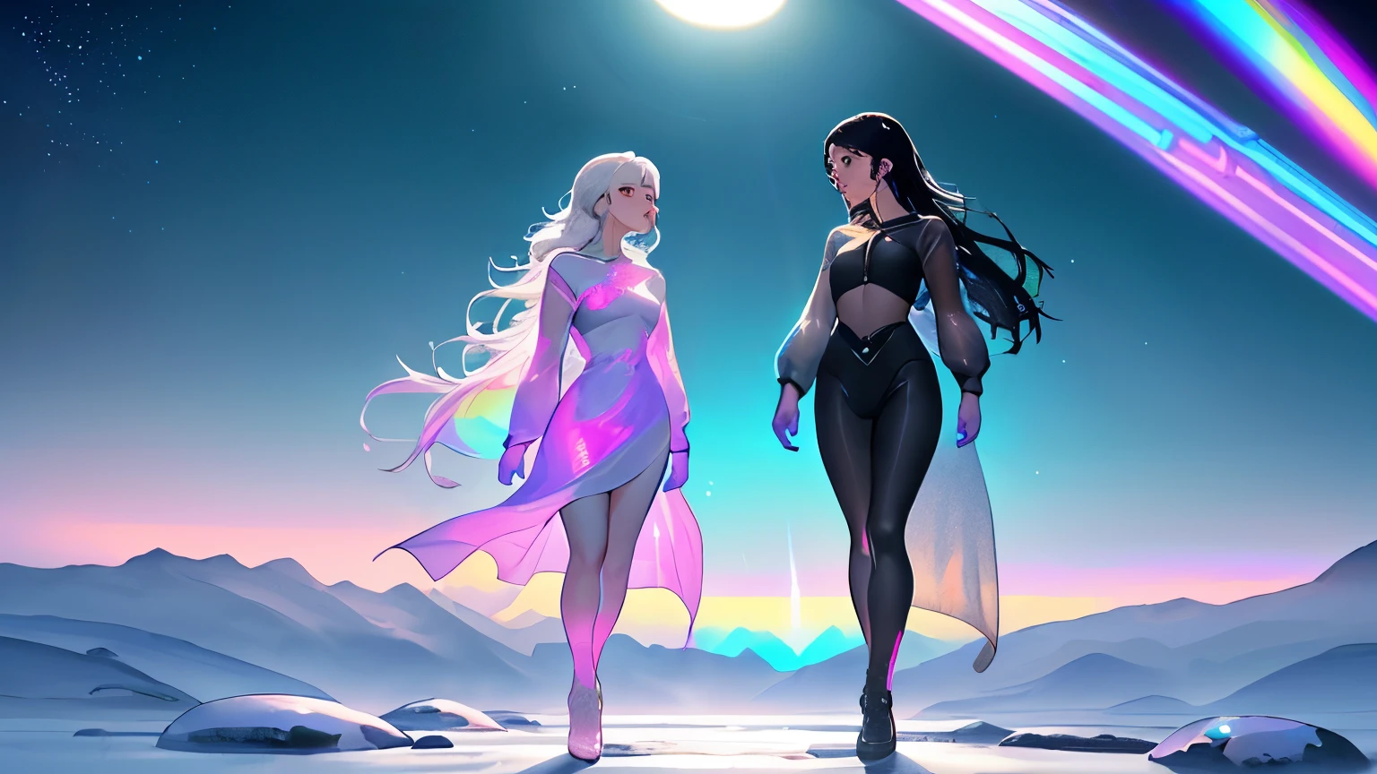Two women in profile representing Yin Yang, One with long black hair in movement, the Other woman with white hair in movement, both have frosted light blue eyes, full pink lips, small round breasts, perfect body, full body, translucent clothes, scenery mistico, {extremely detailed 8k CG unit wallpaper}, expansive landscape photography, (a low view focusing on the character and setting), (wide open field view), (low angle shot), ( high light: 1.8), (low light: 1.2), (warm light source: 1.5), complex details, (iridescent colors: 1.6), (bright lighting), (atmospheric lighting), dreamy, magical