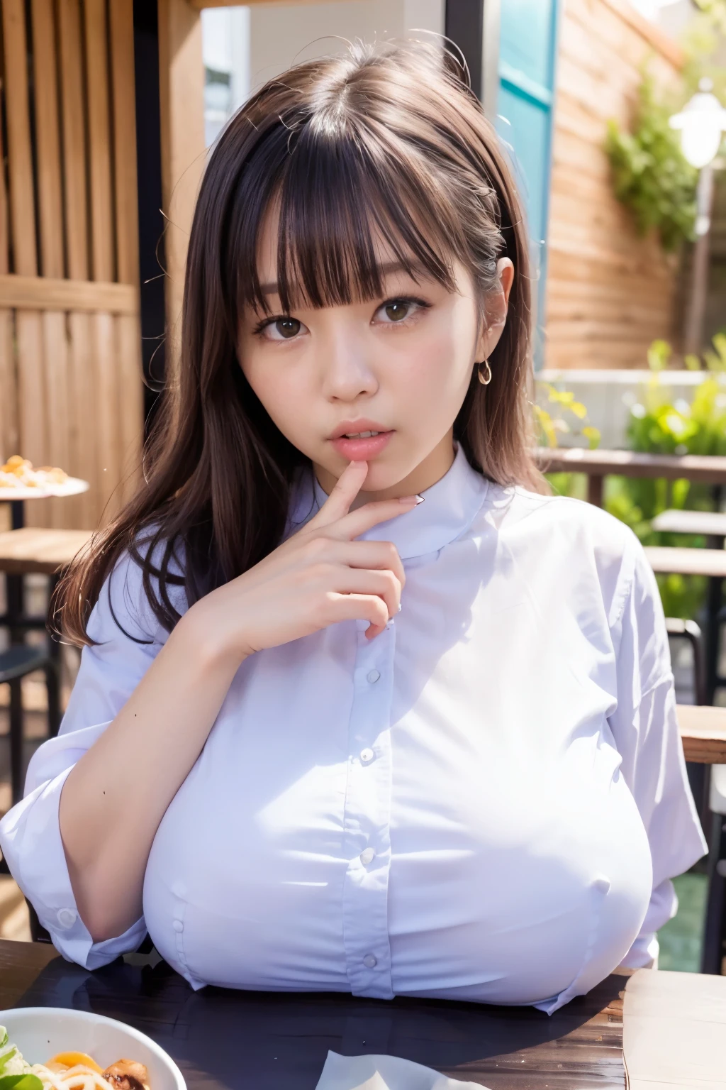 first person perspective, (masterpiece:1.3), High resolution, super detailed, Highly detailed CG Unity 8k wallpaper, realistic, photo-realistic, RAW photo, beautiful and detailed face, white skin, realistic glistening skin, fine cloth texture, detailed hair texture, perfect body, beautiful face, Accurate, anatomically correct, Highly detailed face and skin texture, natural neck length, (beautiful hands), (Fair skin:1.2), thin legs, thin legs, neatly aligned teeth,
break,
fine eyes, symmetrical eyes, light brown eyes, double eyelid, thin eyebrows, (glossy lips:1.4), (sleepy face:1.2), (blush:1.3),
break,
(classy and cute girl:1.3), (wearing classy clothes (Light purple) button shirt:1.2), ((navy) long skirt with irregular hem:1.2), close button, (long skirt),
obese, gigantic huge breasts, sagging breasts, (slender body shape:1.1), strong abdominal muscles, beautiful clavicle,
(dark blonde hair, wavy hair, long hair:1.2), ((asymmetrical bangs:1.2)),
break,
Breast on Table:1.5, (on the table, (There is yakitori, french fries, salad, and「Takoyaki」 ):1.2), (sit in the chair opposite), ((put your elbows on the table、gently lift your chin:1.3)),
(in the outdoor 'Biergarten' of Japan at night)), (night), (night), (night), (upper body shot:1.2), looking at the viewer, From before,