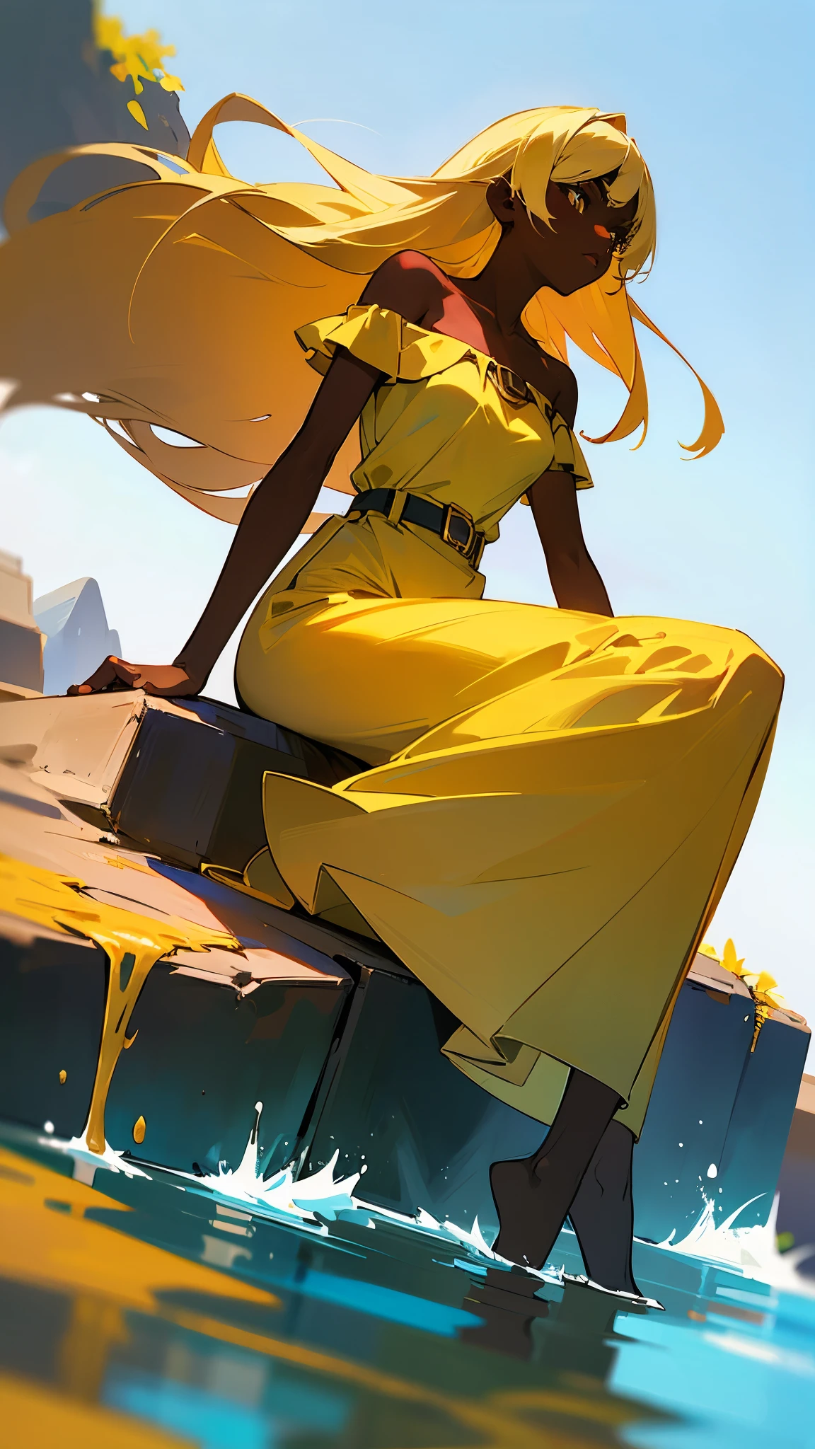 1 girl sitting on a rock in a river, dark skin, yellow hair, yellow casual long dress, chic belt, off-shoulders top, sunny day, clear sky, view from below