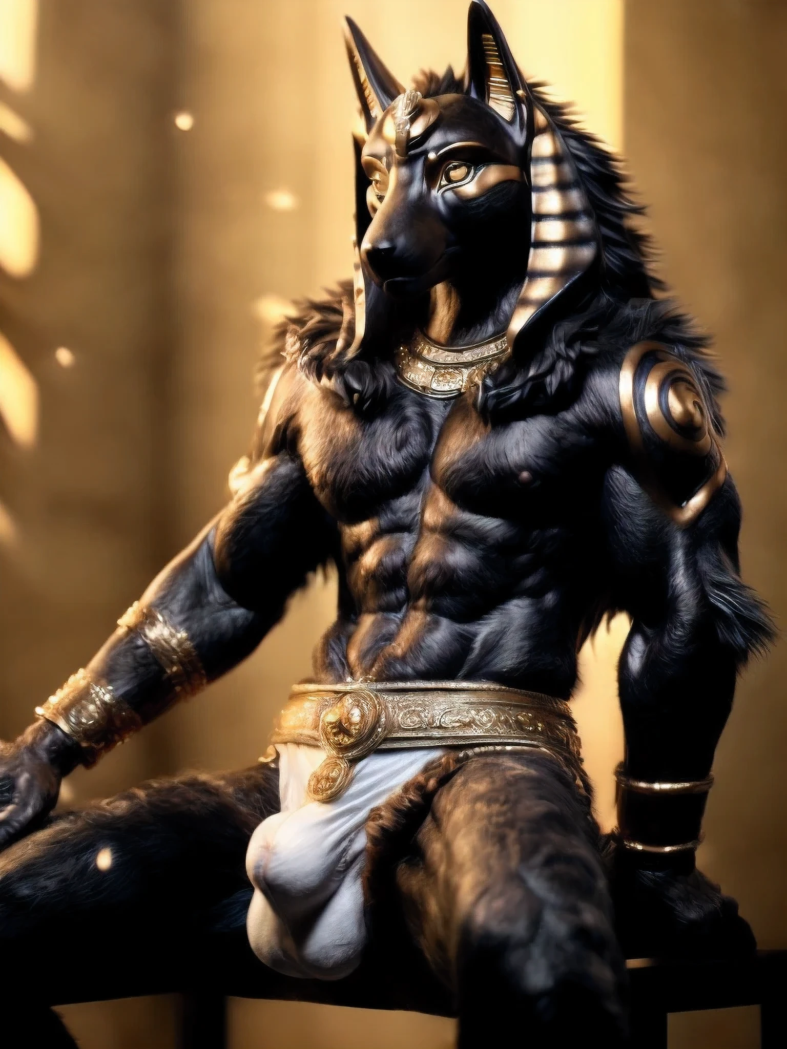 ((anime)), upload on e621, by Garmash,Ruan Jia, darkgem, anthro, male, ((( detailed fluffy fur))), ((sitting)), detailed realistic painting, (((biceped))), (((shaded))) extreme detail, ((anubis)), loincloth, black body, light particles, BULGE, EXPLICIT, CANINNE PENIS, KNOT IN sheath