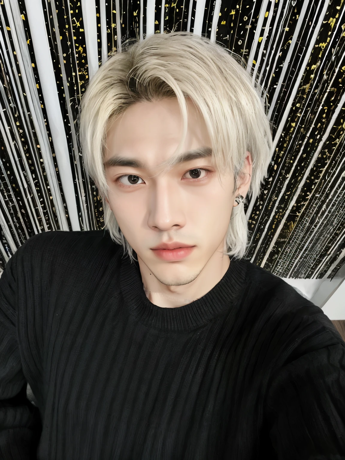 Arafed image of a man with a black sweater and white hair., cai xukun, kim doyoung, Jung Jaehyun, xqc, jinyoung shin, 8K selfie photograph, pintar ulzzang, sakimichan, hyung tae, hong junio hyung, 8K)), retrato de jossi de blackpink, pale korean adorable face