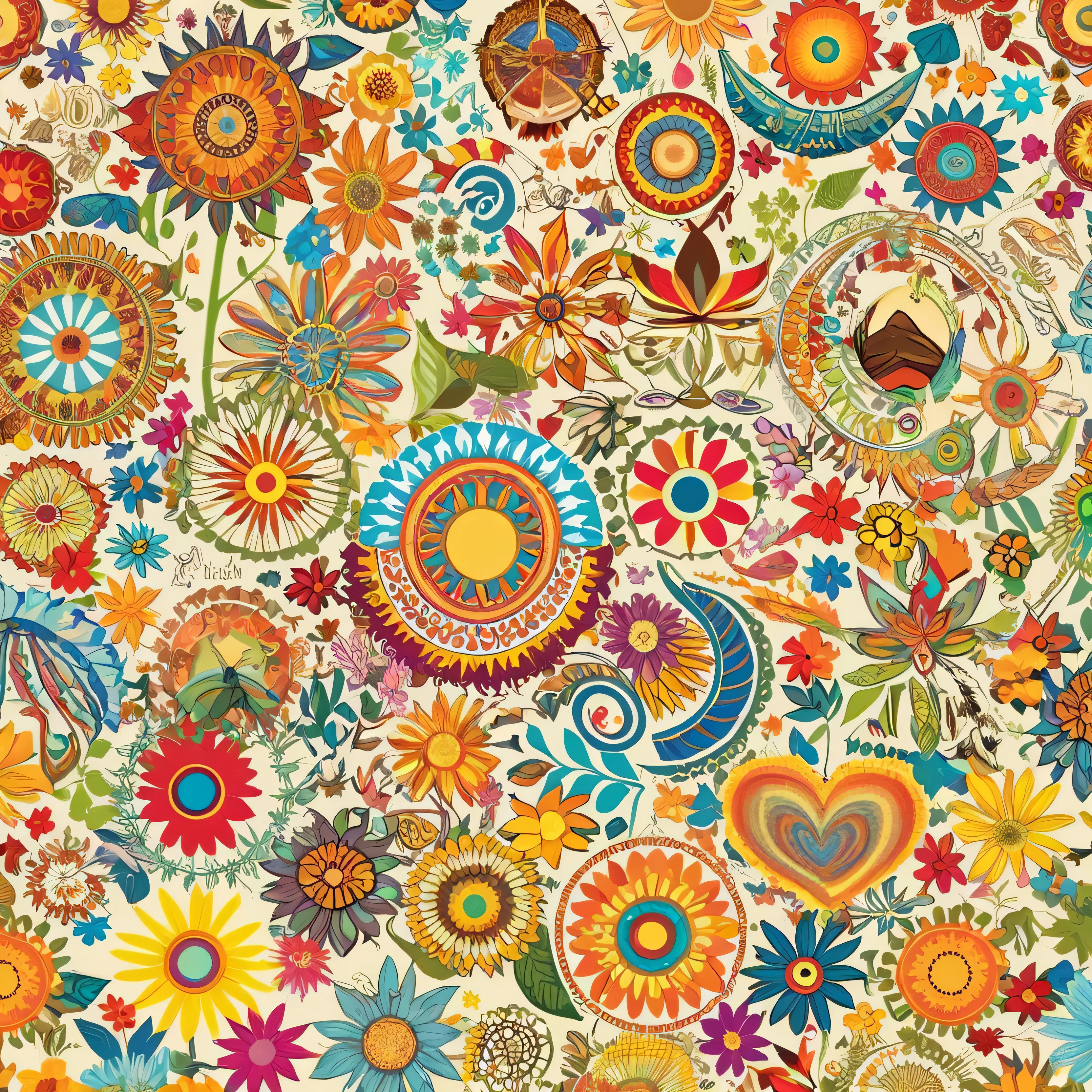 create a collage of 60 hippy themes, small images, no letters, no humans, wallpaper, pattern 