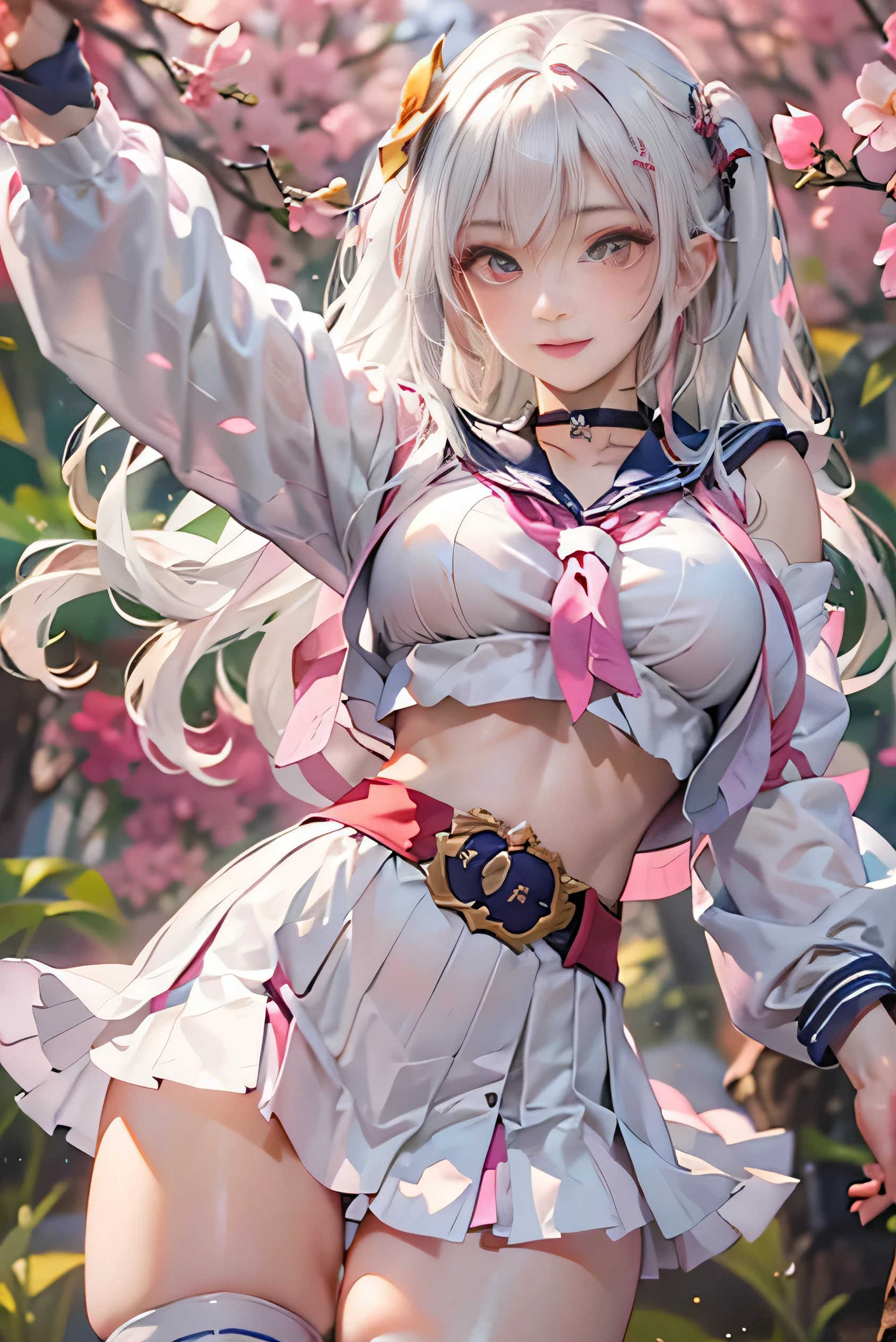 (photorealistic:1.8, highest quality:1.8,8K masterpiece:1.8,High resolution,muste piece:1.8,RAW Photos,cinematic lighting,red and purple dream colors),one goddess、(colorful sailor suit、slit mini skirt、choker、knee high stockings、loafer shoes、Cleavage cut,Pasties),(detailed blue eyes:1.7,double eyelid:1.6,Shining beautiful skin), (looking at the camera:1.5),(whole body,Photo seen from below:1.5),( midium Hair:1.2,Beautiful shining pink and white hair:1.5), expression(Impish Smile:1.3,face turns red:1.3),(Moderate chest:1.3), Pause(stand with legs apart,Seductive pose:1.5), background(Bright forest with blooming flowers),Nipples are visible through the costume、(detailed perfect face),anatomically correct,correct move:1.5,correct foot:1.5,4 fingers and 1 thumb in correct proportions,(cameltoe),No split screen,slender abs:1.2,highly detailed skin:1.2,(Young sensual gravure idol)