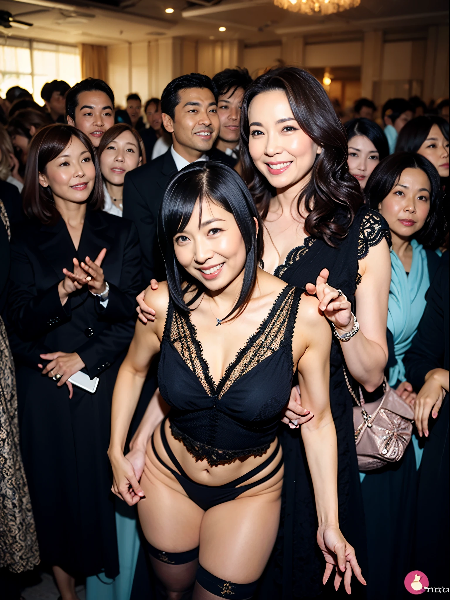 ((highest quality、8K resolution、master masterpiece、portrait:1.3)), Photoreal, 35mm film,Depth of the bounds written, (From above),mature woman,beautiful woman, wrinkles around the eyes,Glamour,enchanting smile、naughty look、heavy breathing,full body shot, looking at the audience、naked,(OL_ shree bra),(garter belt stockings_sexyties),(disco),in a crowd of men