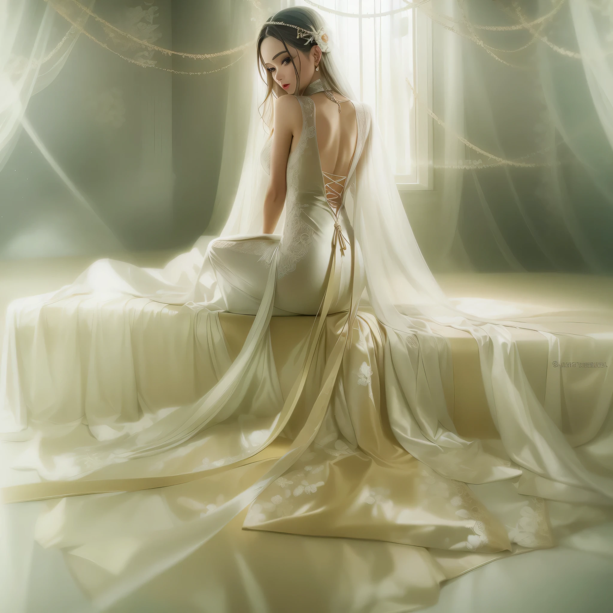 Beautiful woman in vey long translucent satin dress,dreamy background, kneel ,tied up, ctrdress