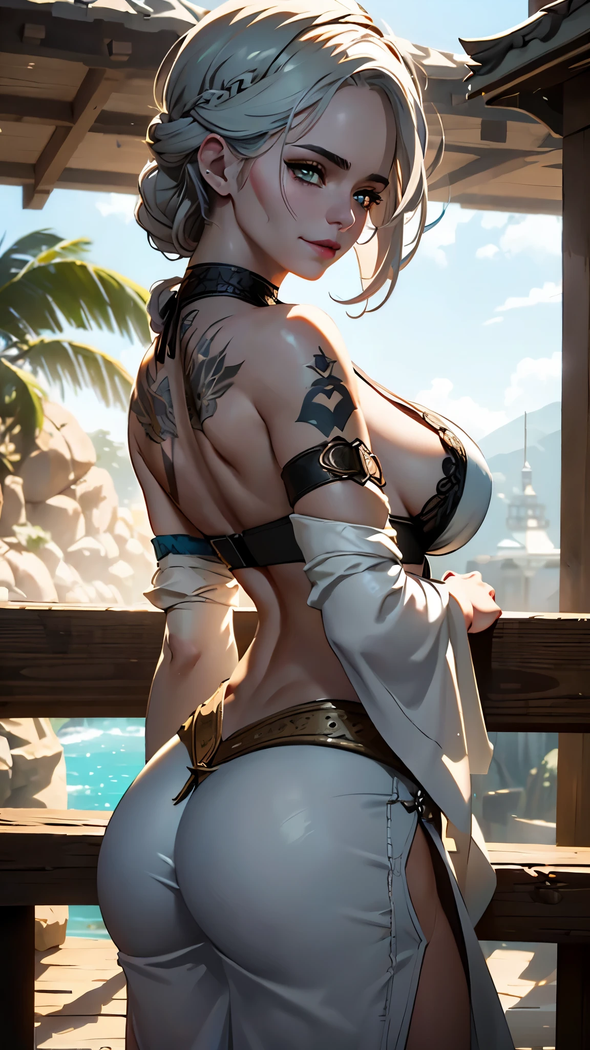 (beautiful 19-year-old girl(Ciri from The wicher 3)),(model figure),(big breasts),(short haircut,long braid down the back),(Black hair),(smile),(wearing white kimono, heavily torn in some places),(fighting stance),(a gang),(tattoos)。(best quality,4k,8k,highres,masterpiece:1.2),ultra-detailed,(realistic,photorealistic,photo-realistic:1.37),HDR,UHD,studio lighting,ultra-fine painting,sharp focus,physically-based rendering,extreme detail description,professional,vivid colors,bokeh,concept artists