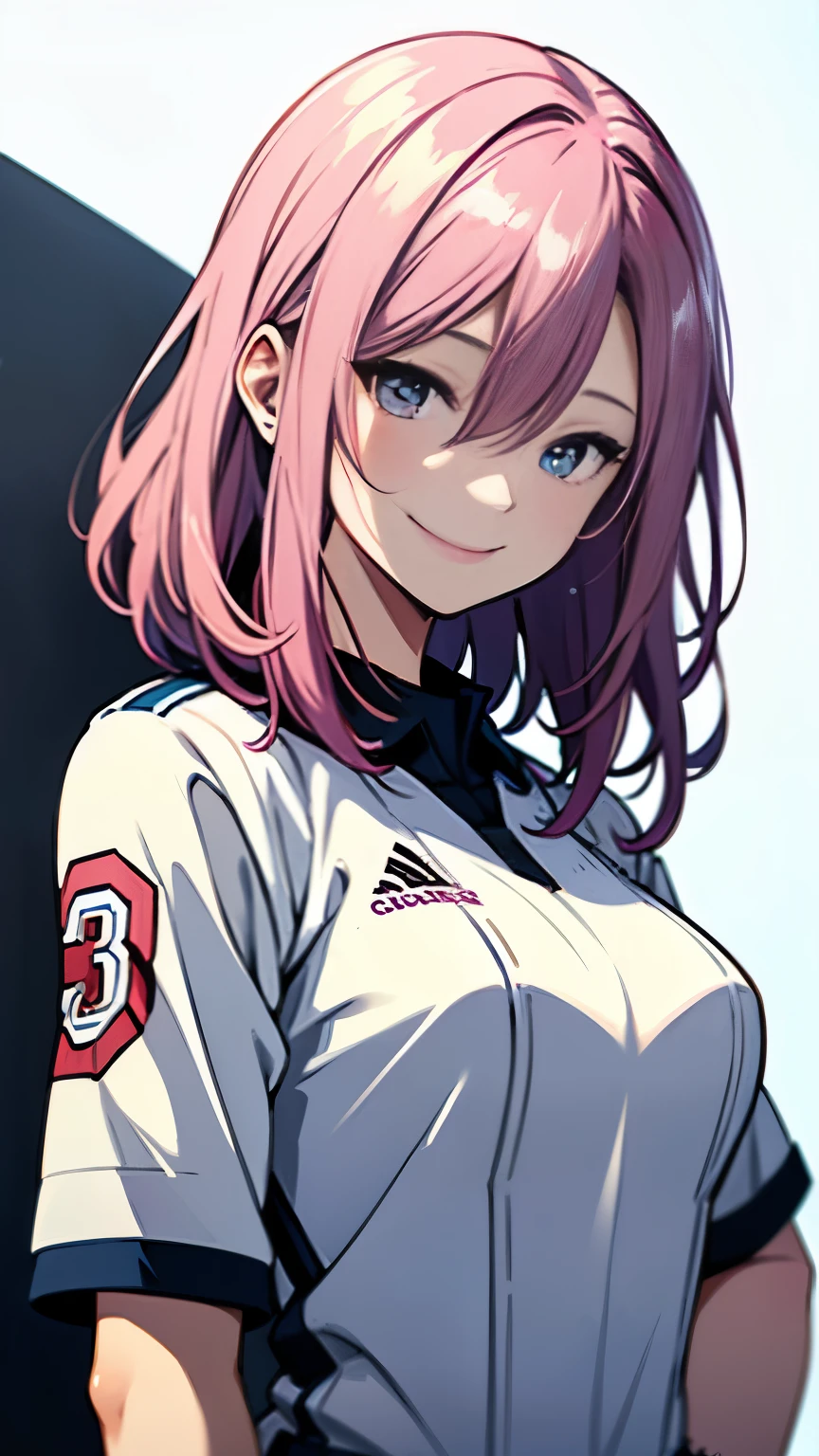(((Pure white wall background)))、bust shot、upper body shot(((Oil、masterpiece、highest quality、High resolution、)))pink hair、sweaty muscles、(((pure white background)))、medium hair、laughter、(((blue and white uniform)))、(((hands on hips、touching my hair)))、(((wearing a soccer uniform)))、(((smile)))