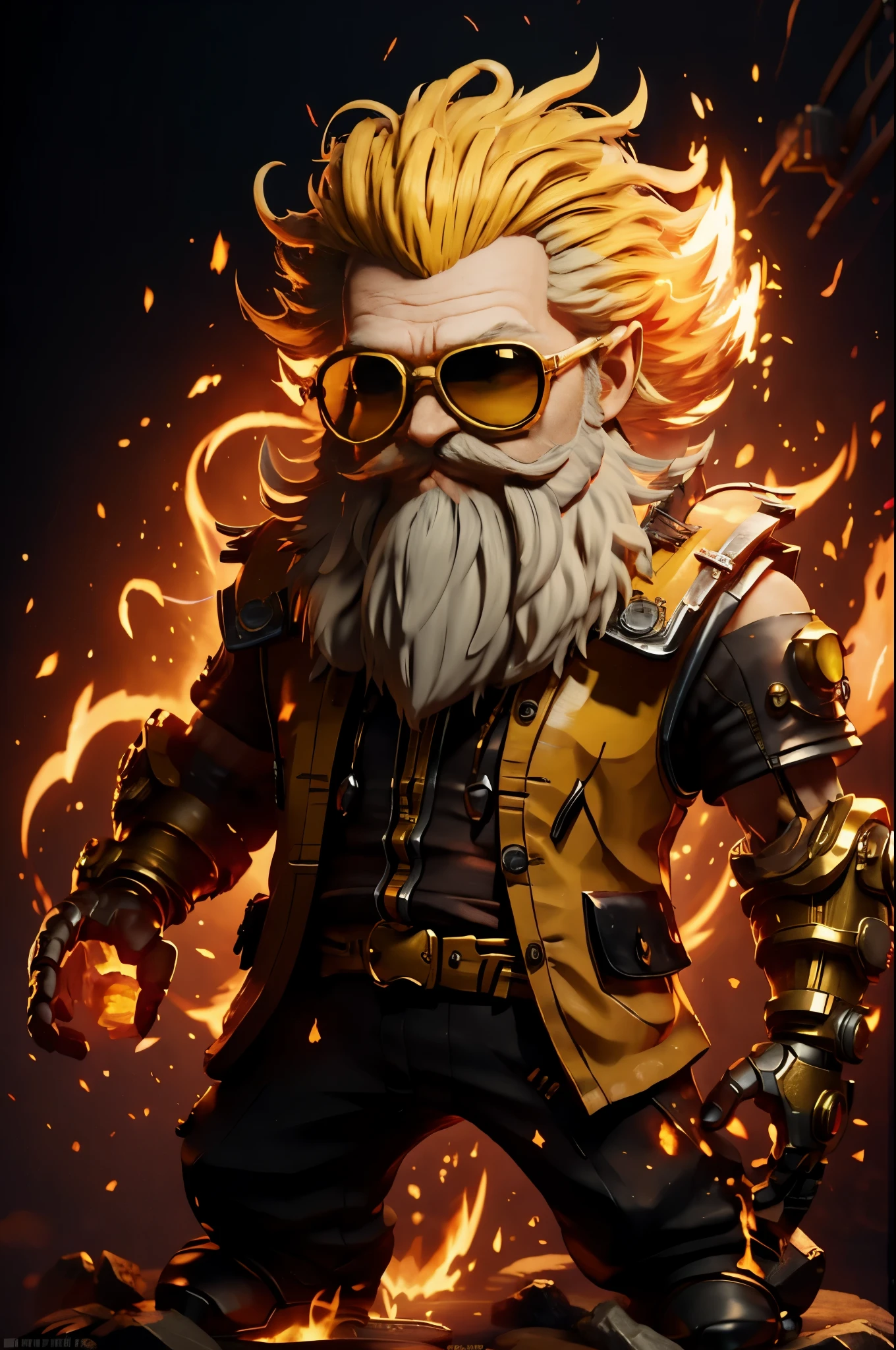 Big head,1 boy, ((White beard, A yellow-haired one))，on fire, explode, grow white beard, fiery hair, fiery的翅膀, fiery, Incendiary weapons, luminescent, male focus, molten rock, grow a beard，hot, Single robotic arm, alone, spark of light, sunglasses, Sunset, tail-tip fire, Torchbearer, upper body，chibi风格,masterpiece,best quality,official art,Extremely detailed CG unified 8k wallpaper,mysterious style,chibi