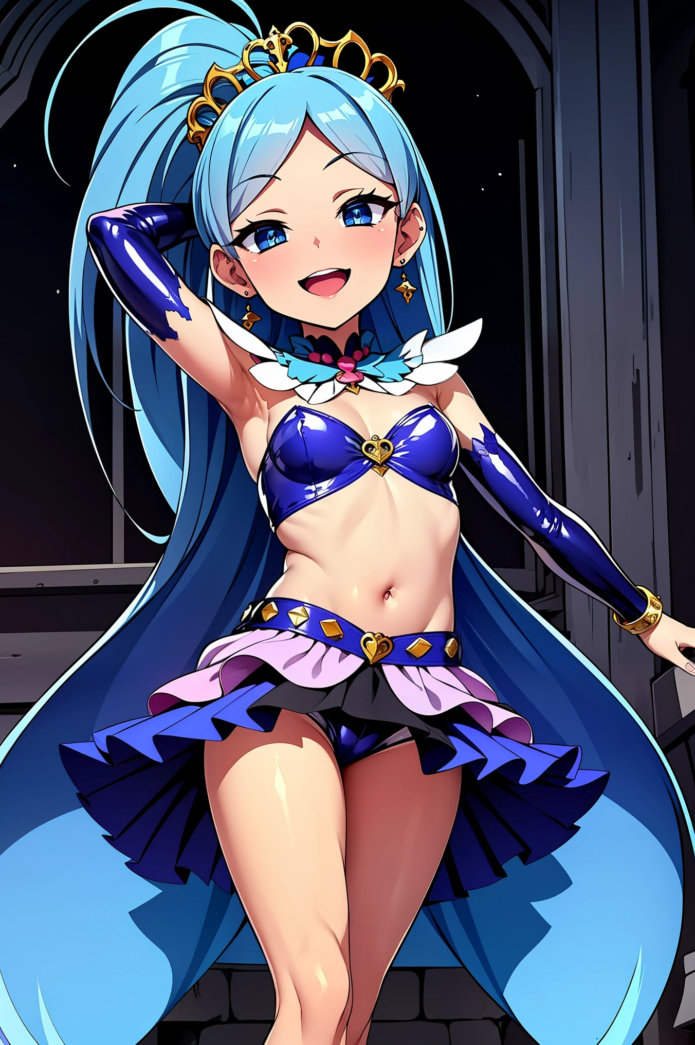 cure mermaid, hair ornament, skirt, tiara, wrist cuffs, blue shorts, shorts under skirt, boots, corruption, empty eyes, half-closed eyes, evil smile, no pupils, crazy smile, open mouth, 1girl, milf, married woman, dark magical girl
