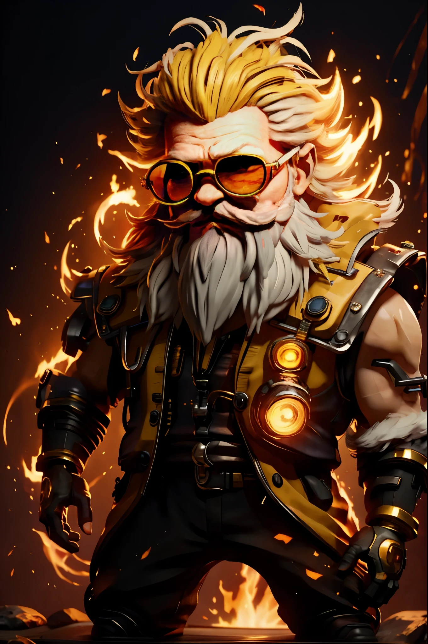 Big head,1 boy, ((White beard, A yellow-haired one))，on fire, explode, grow white beard, fiery hair, fiery的翅膀, fiery, Incendiary weapons, luminescent, male focus, molten rock, grow a beard，hot, Single robotic arm, alone, spark of light, sunglasses, Sunset, tail-tip fire, Torchbearer, upper body，chibi风格,masterpiece,best quality,official art,Extremely detailed CG unified 8k wallpaper,mysterious style,chibi