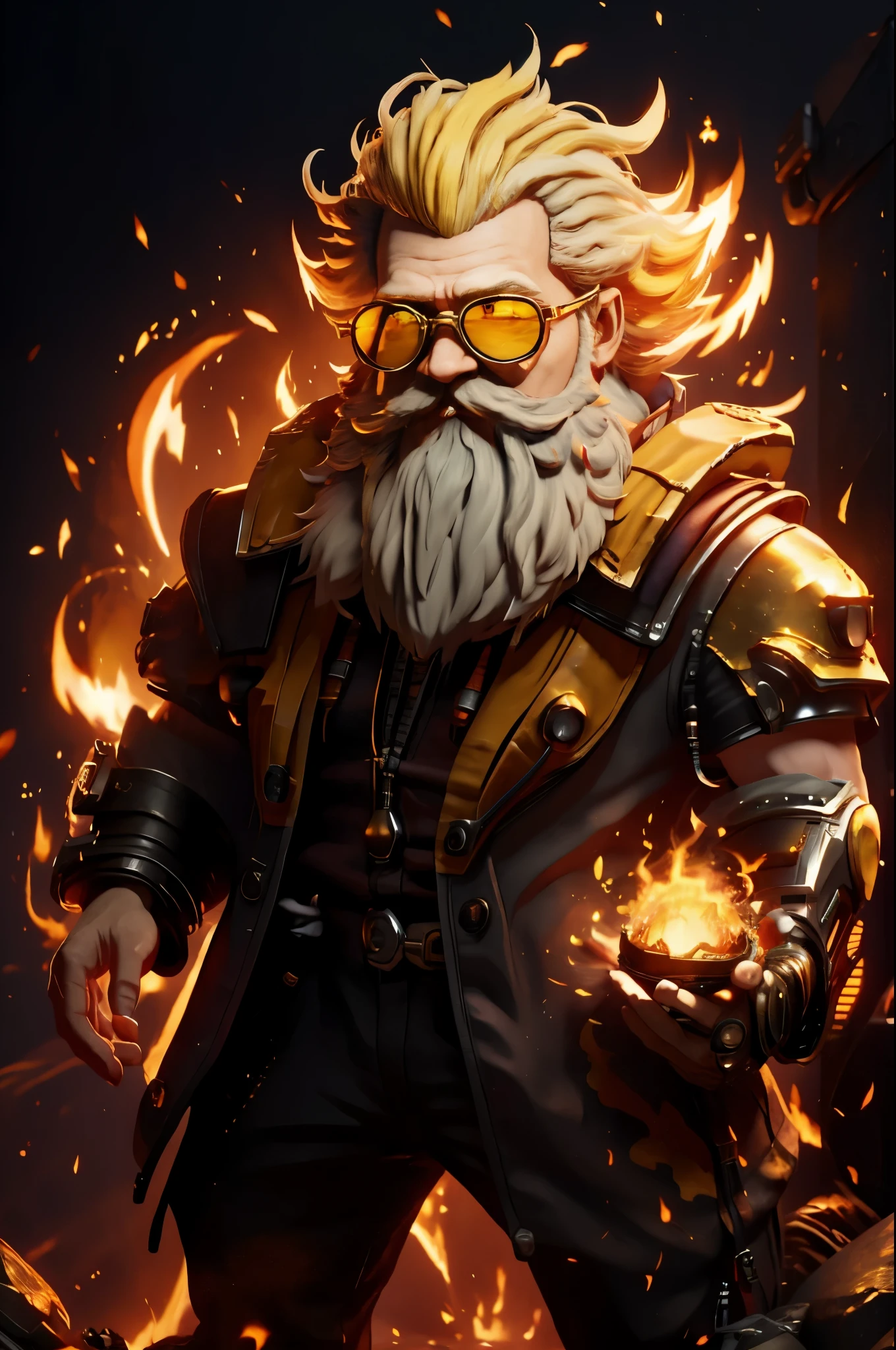 Big head,1 boy, ((White beard, A yellow-haired one))，on fire, explode, grow white beard, fiery hair, fiery的翅膀, fiery, Incendiary weapons, luminescent, male focus, molten rock, grow a beard，hot, Single robotic arm, alone, spark of light, sunglasses, Sunset, tail-tip fire, Torchbearer, upper body，chibi风格,masterpiece,best quality,official art,Extremely detailed CG unified 8k wallpaper,mysterious style,chibi