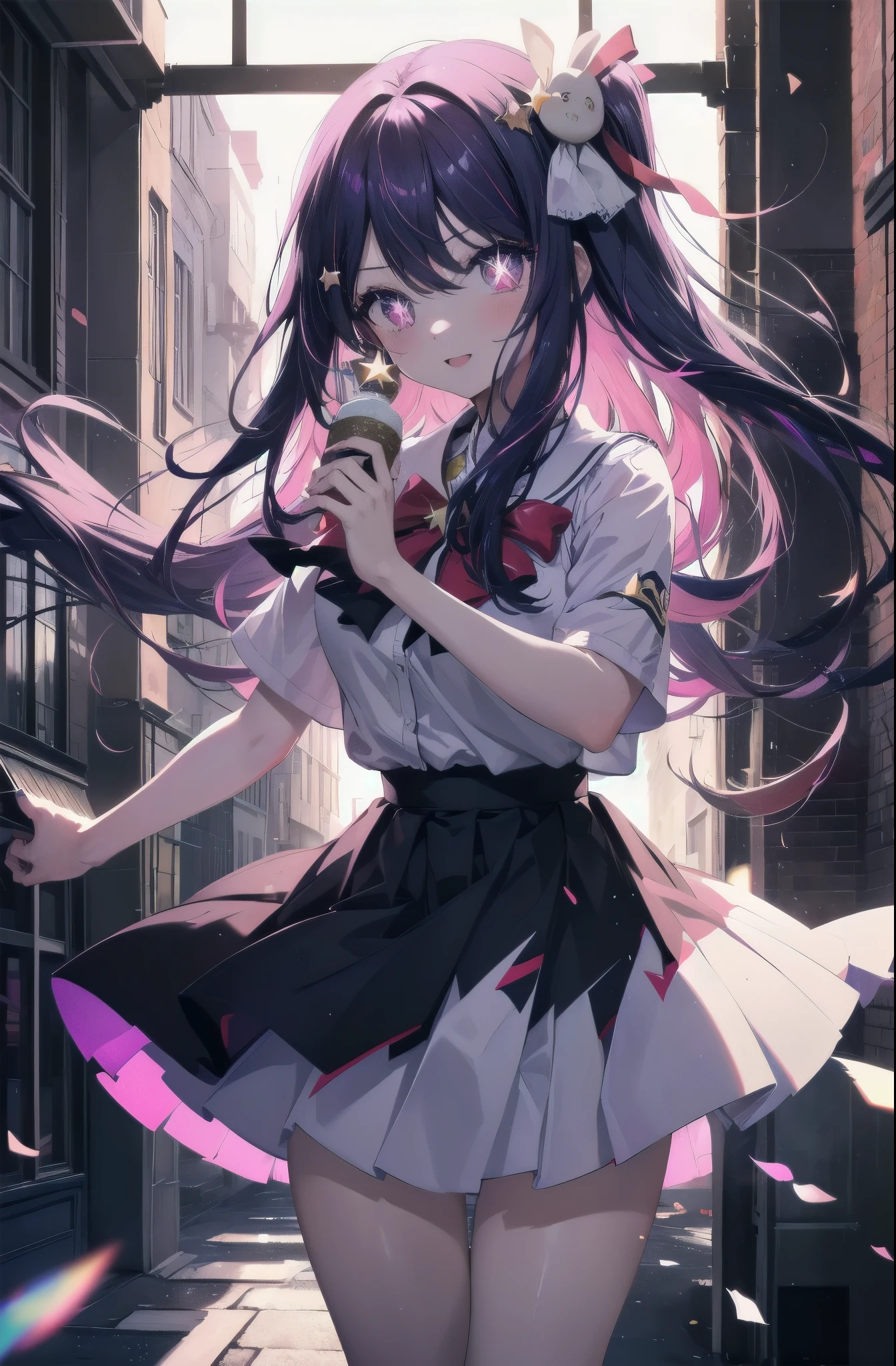 aihoshino, Ai Hoshino, hair between eyes, hair ornaments, hair ribbon, long hair, one side up, (purple eyes:1.1), purple hair, rabbit hair ornaments, smile,(star-shaped pupil:1.5), pupil in the shape of a symbol,White Y-shirt,ribbon,purple blazer,Purple pleated skirt,black pantyhose,chan loafers,sunrise,morning,
break looking at viewer,
break outdoors,In town,building street,
break (masterpiece:1.2), highest quality, High resolution, unity 8k wallpaper, (figure:0.8), (detailed and beautiful eyes:1.6), highly detailed face, perfect lighting, Very detailed CG, (perfect hands, perfect anatomy),