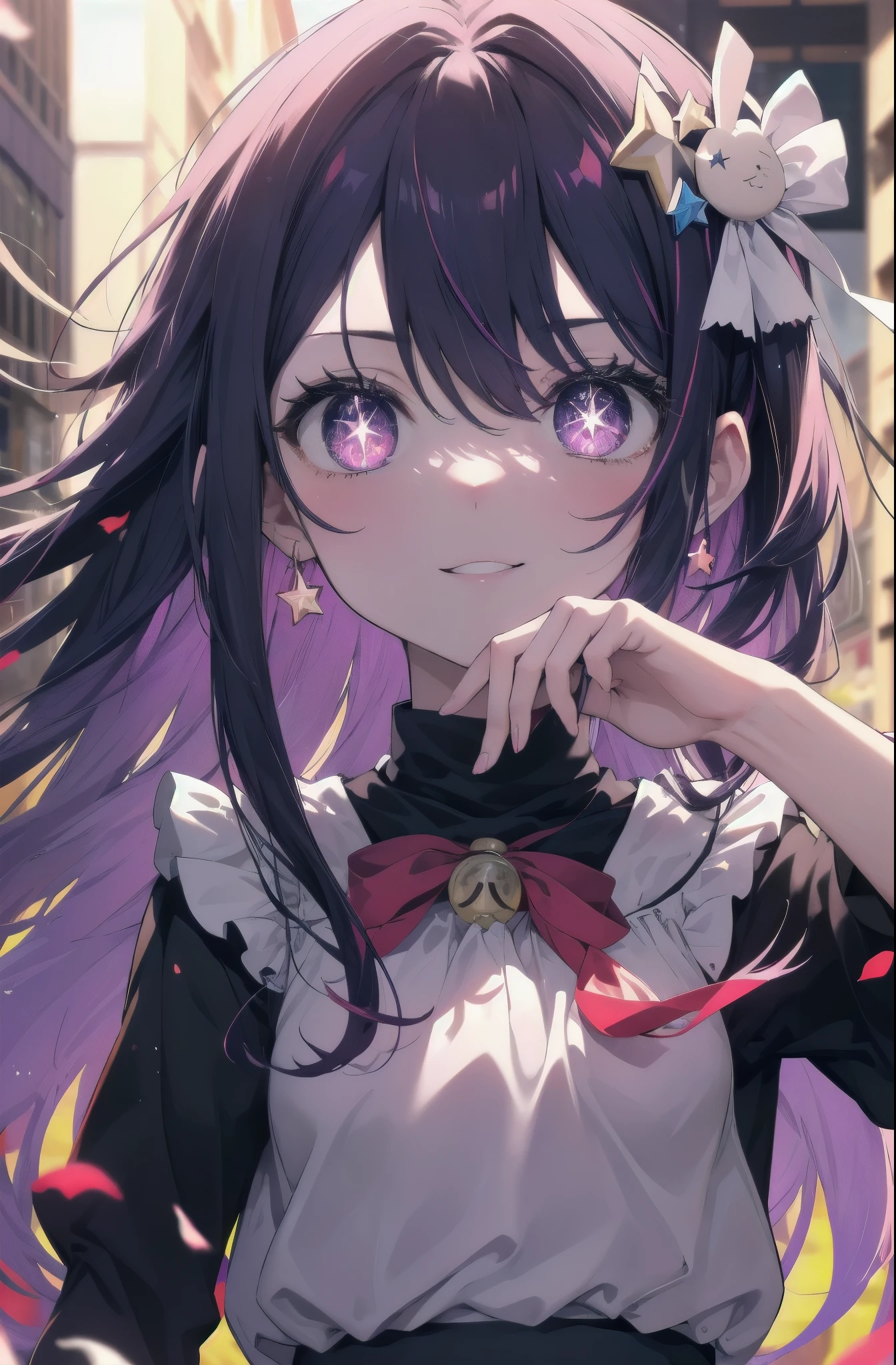 aihoshino, Ai Hoshino, hair between eyes, hair ornaments, hair ribbon, long hair, one side up, (purple eyes:1.1), purple hair, rabbit hair ornaments, smile,(star-shaped pupil:1.5), pupil in the shape of a symbol,White Y-shirt,ribbon,purple blazer,Purple pleated skirt,black pantyhose,chan loafers,sunrise,morning,
break looking at viewer,
break outdoors,In town,building street,
break (masterpiece:1.2), highest quality, High resolution, unity 8k wallpaper, (figure:0.8), (detailed and beautiful eyes:1.6), highly detailed face, perfect lighting, Very detailed CG, (perfect hands, perfect anatomy),